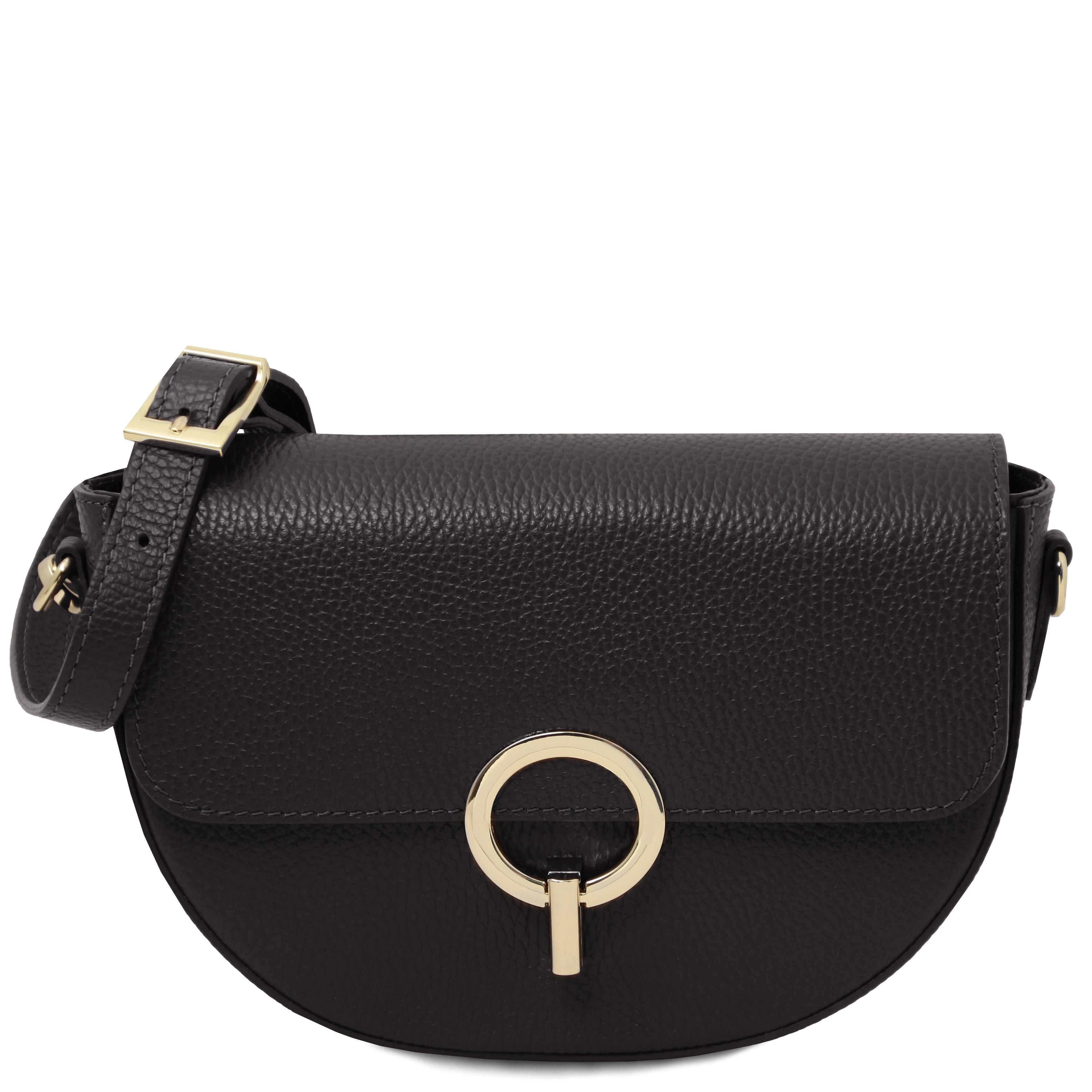 Front view Astrea Leather Shoulder Bag in black on a white background showing gold accented magnetic front flap closure and shoulder strap