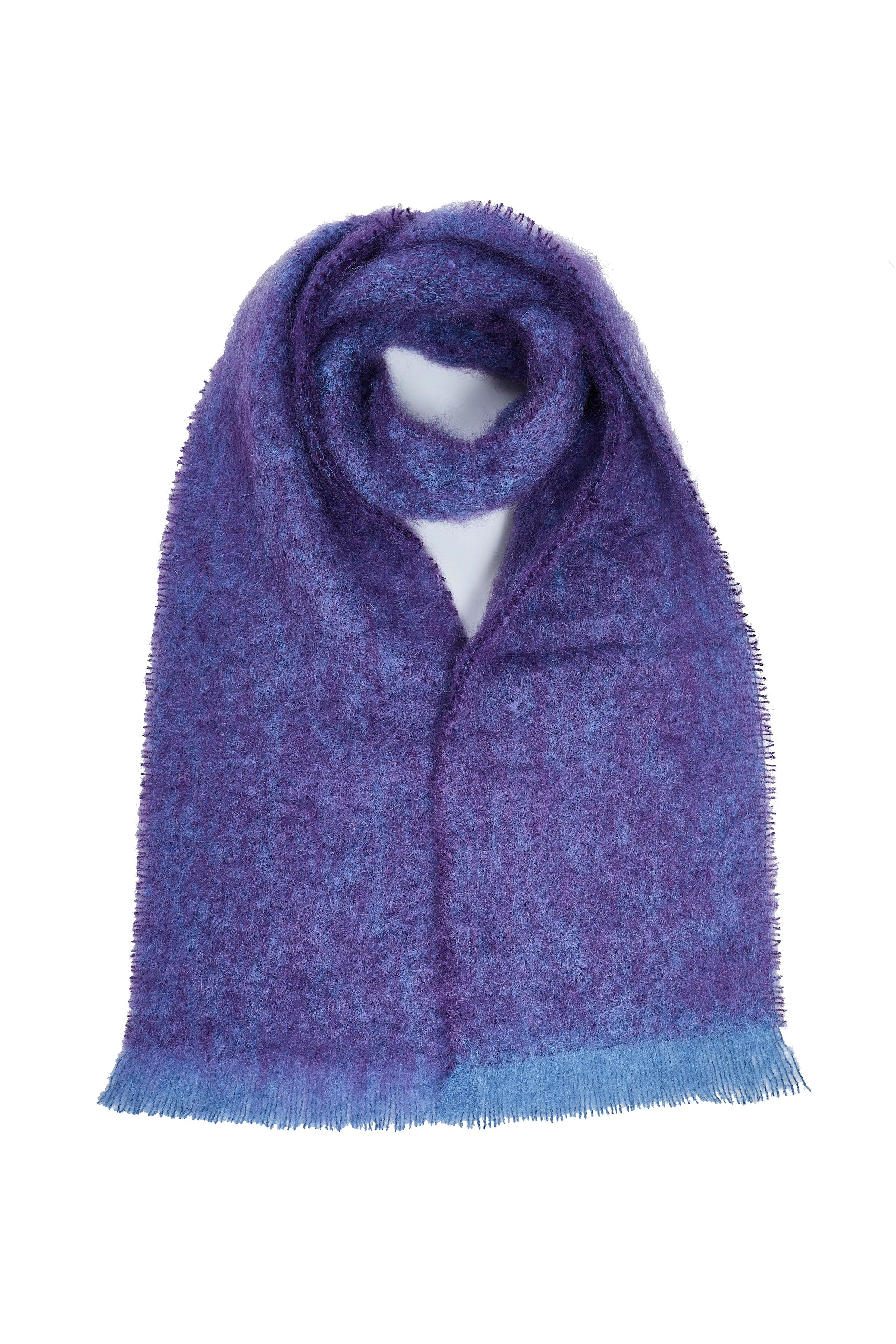Aubergine Melange Handloomed Plush Mohair Scarf with light vibrant blue trim on a white background- L'Atelier Global