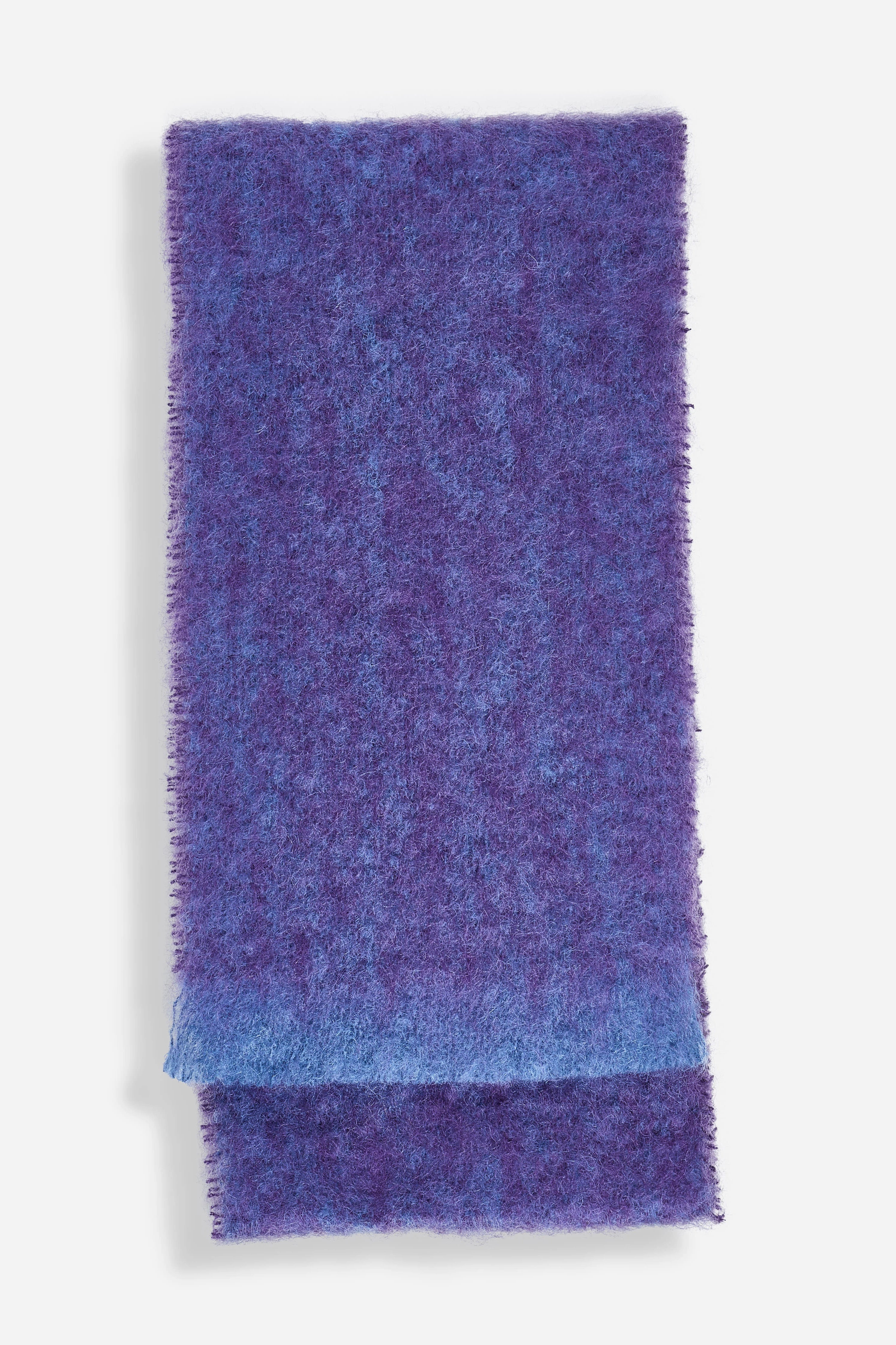 Aubergine Melange Handloomed Plush Mohair Scarf with light vibrant blue trim folded in half on a white background