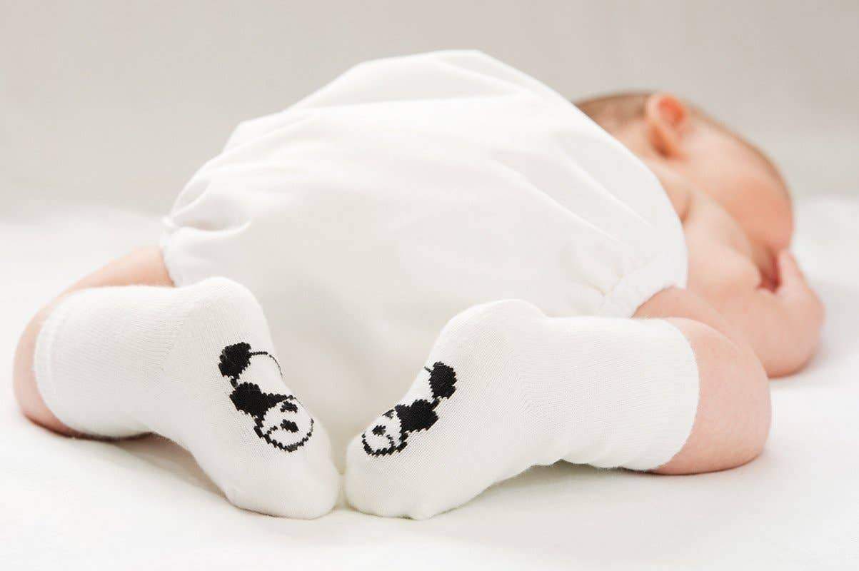 Baby Bamboo Panda Socks on a newborn baby
