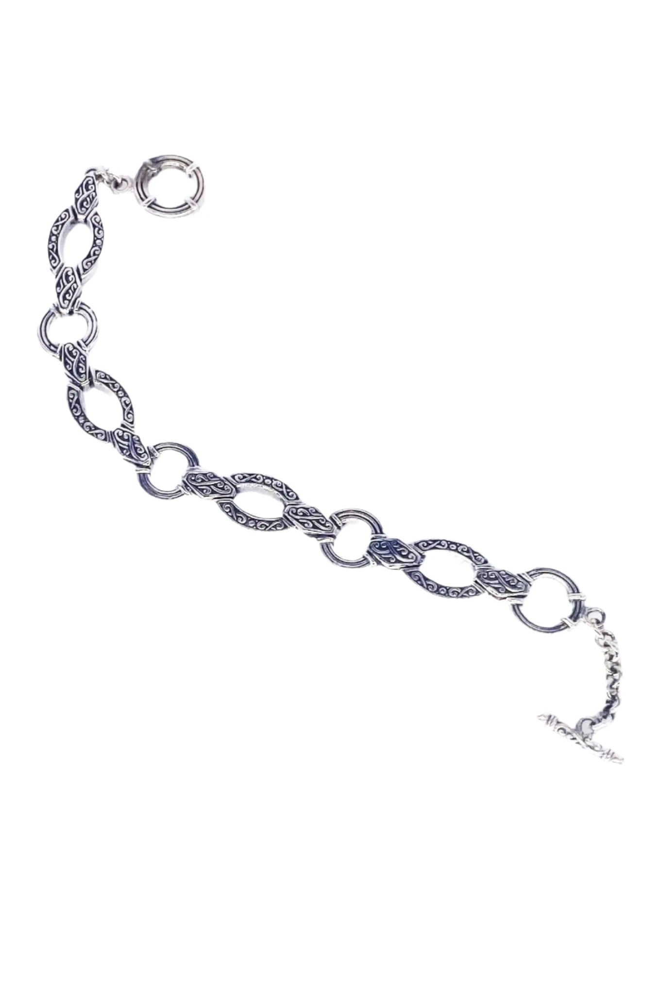 Balinese Geometric Sterling Silver Bracelet fully opened showing the toggle closure
