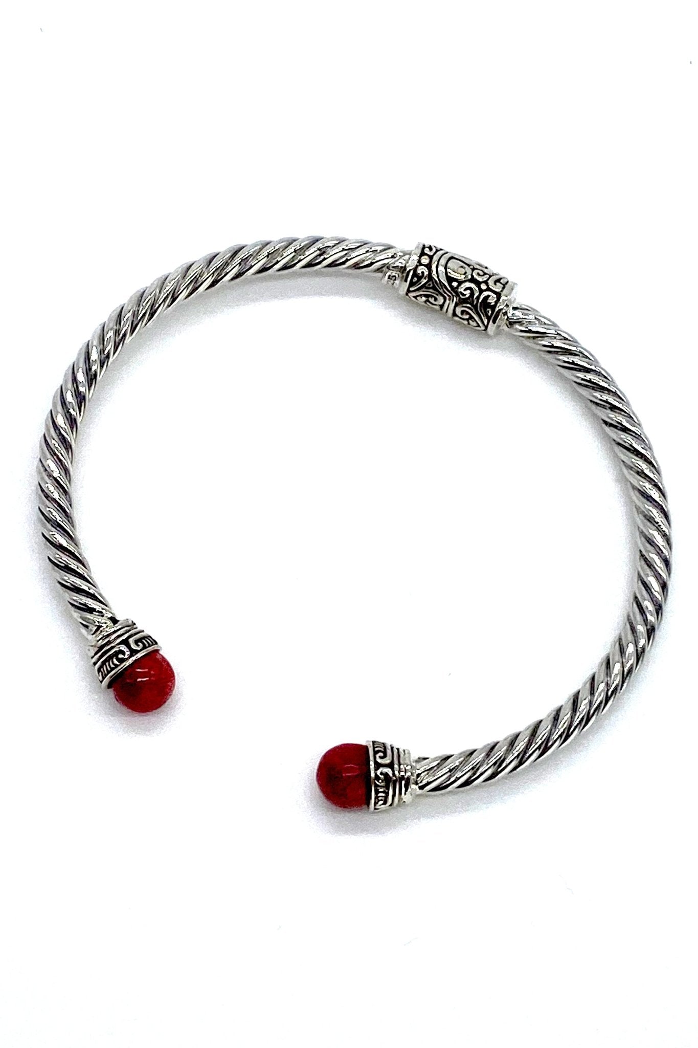 Balinese Silver Hinged Bracelet in Coral  showing the engraved clasp.