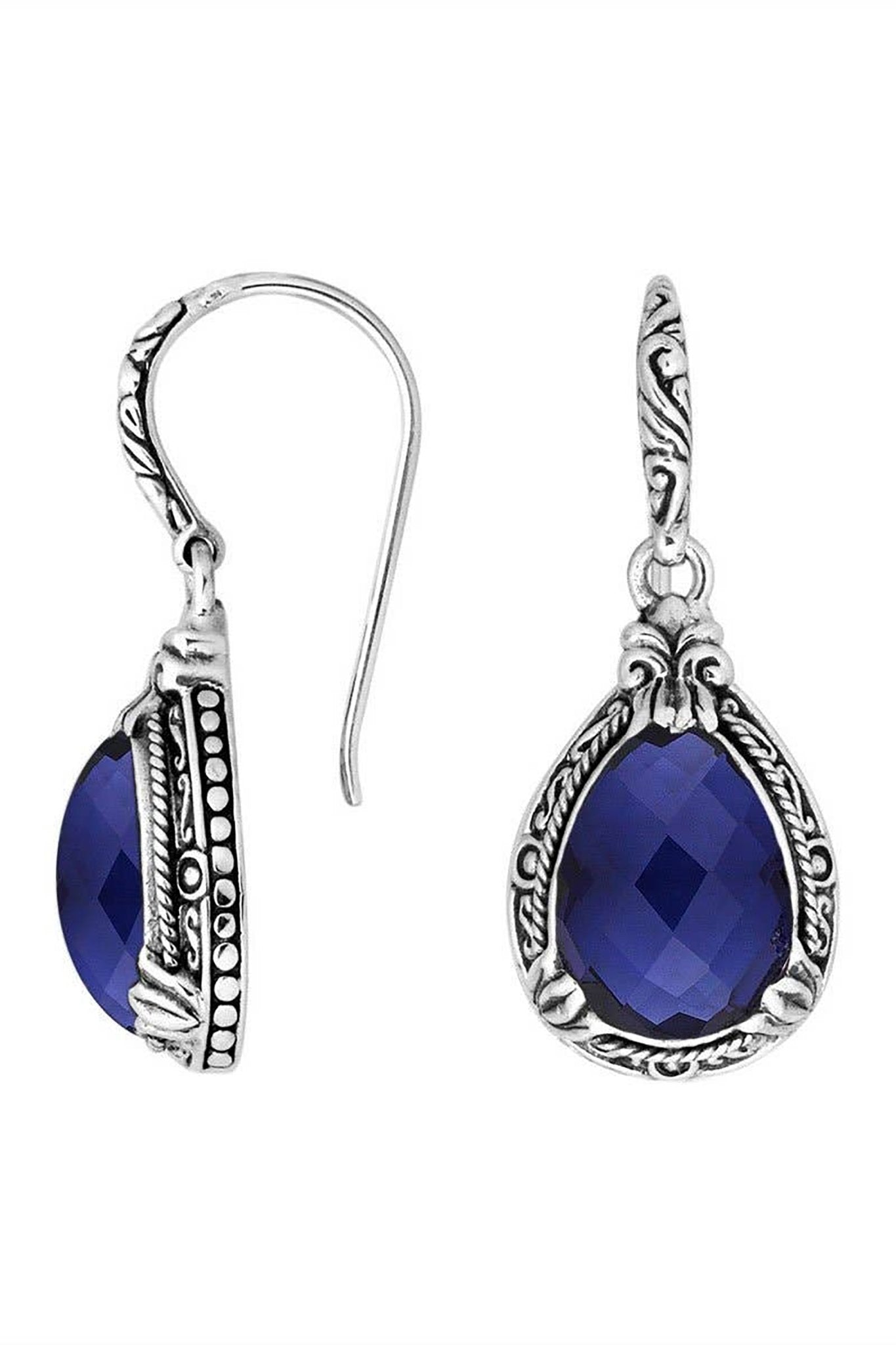 Balinese Sterling Silver Earrings in Sapphire view front and side of earrings