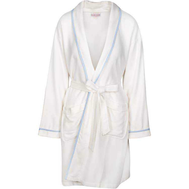 Bamboo Luxxe Cover Up in white with baby blue trim on a white background - L'Atelier Global