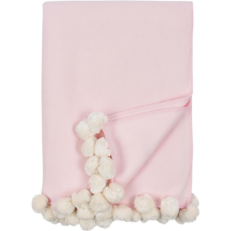 Bamboo Luxxe Pom Pom Throw in baby pink with white pom poms folded on a white background - L'Atelier Global