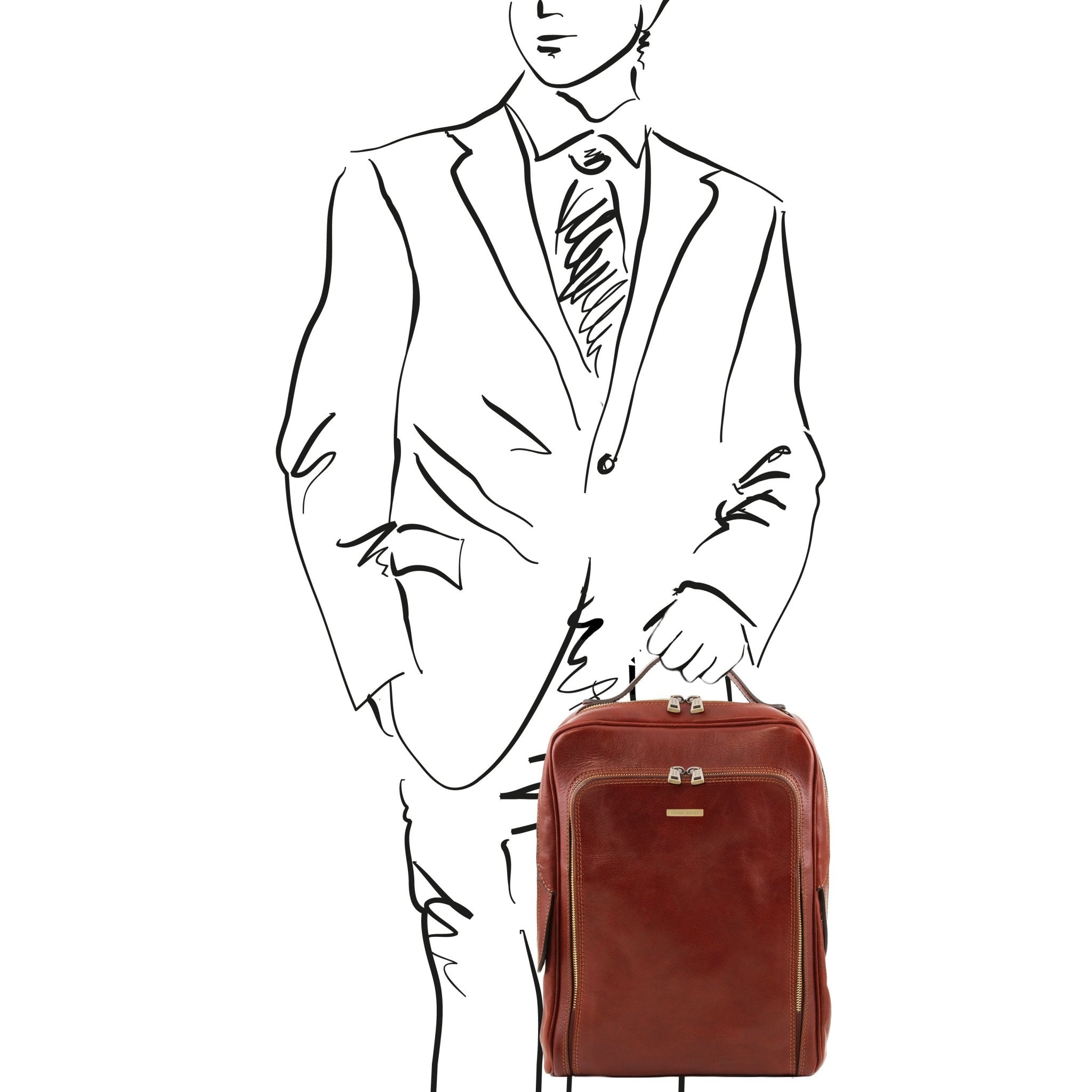 A sketch of a man holding the Bangkok Leather Laptop Backpack in Brown to show its size and scale