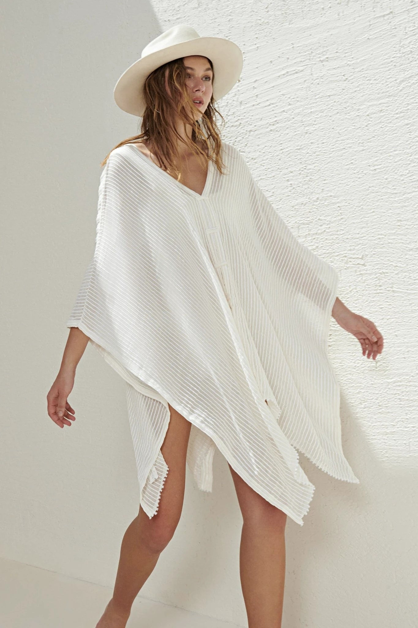 Beach Day Natural Striped Kimono on model wearing a white hat - L'Atelier Global
