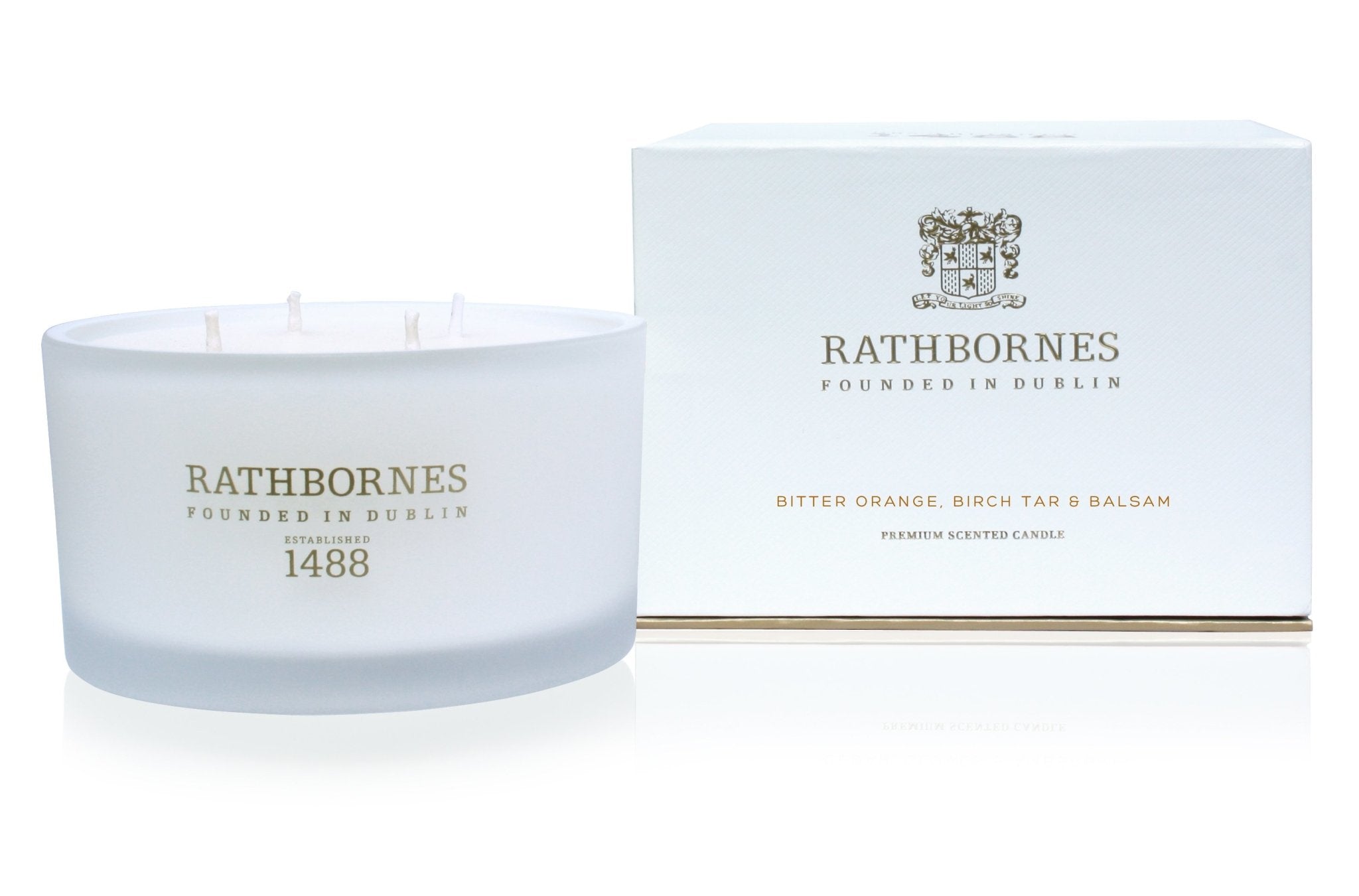 Bitter Orange, Birch Tar and Balsam Luxury Beeswax Candle and box on a white background