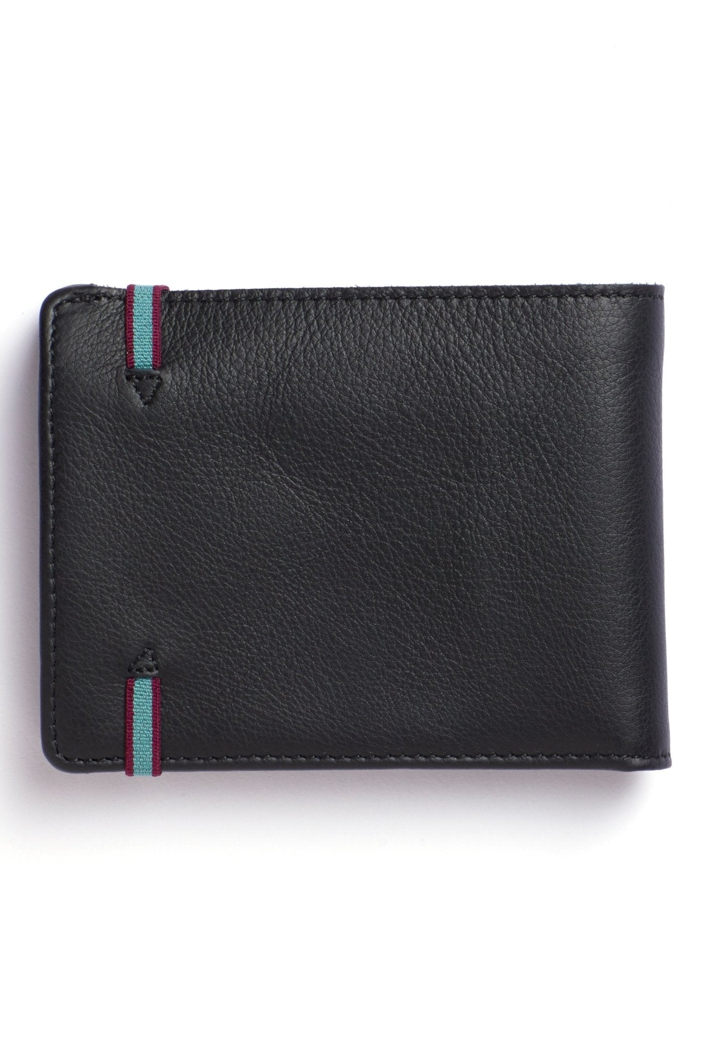 The back of the Black Minimalist Wallet with a blue elastic closure on a white background - L'Atelier Global