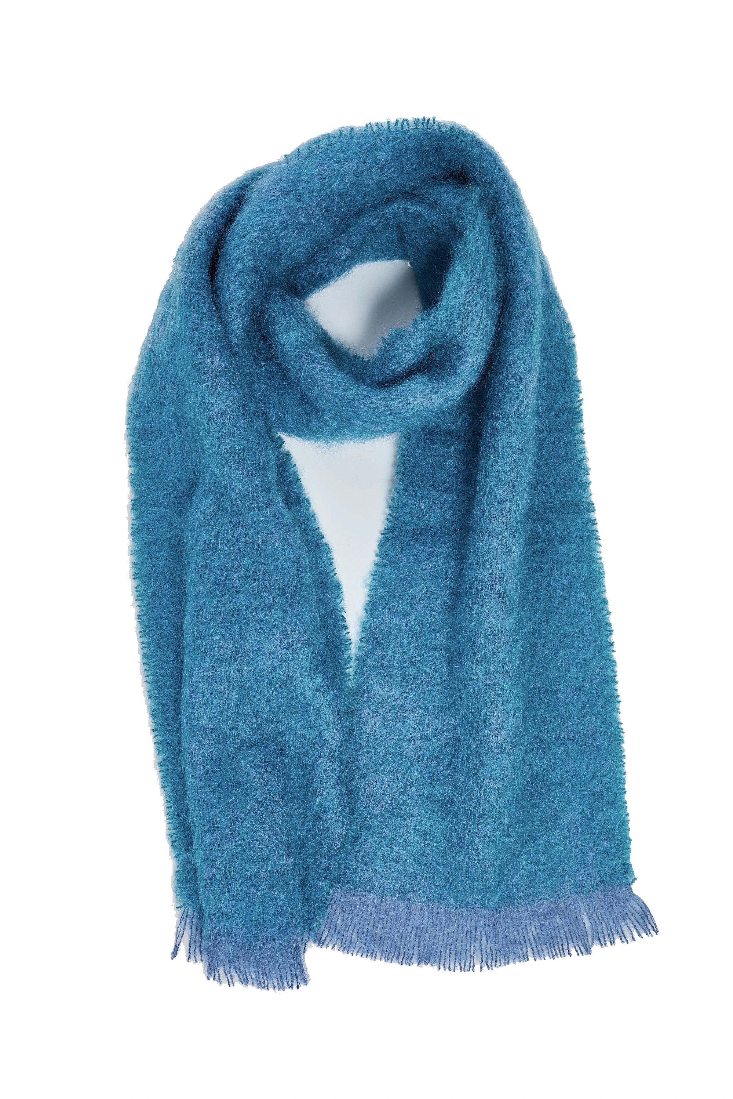 Blue Melange Handloomed Plush Mohair Scarf laying on a white background - L'Atelier Global