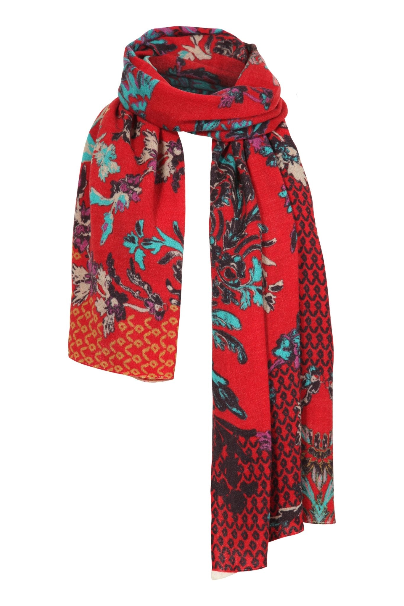 Botanical Garden Serbian Merino Wool Shawl in Red wrapped as if it's around a neck, on a white background - L'Atelier Global