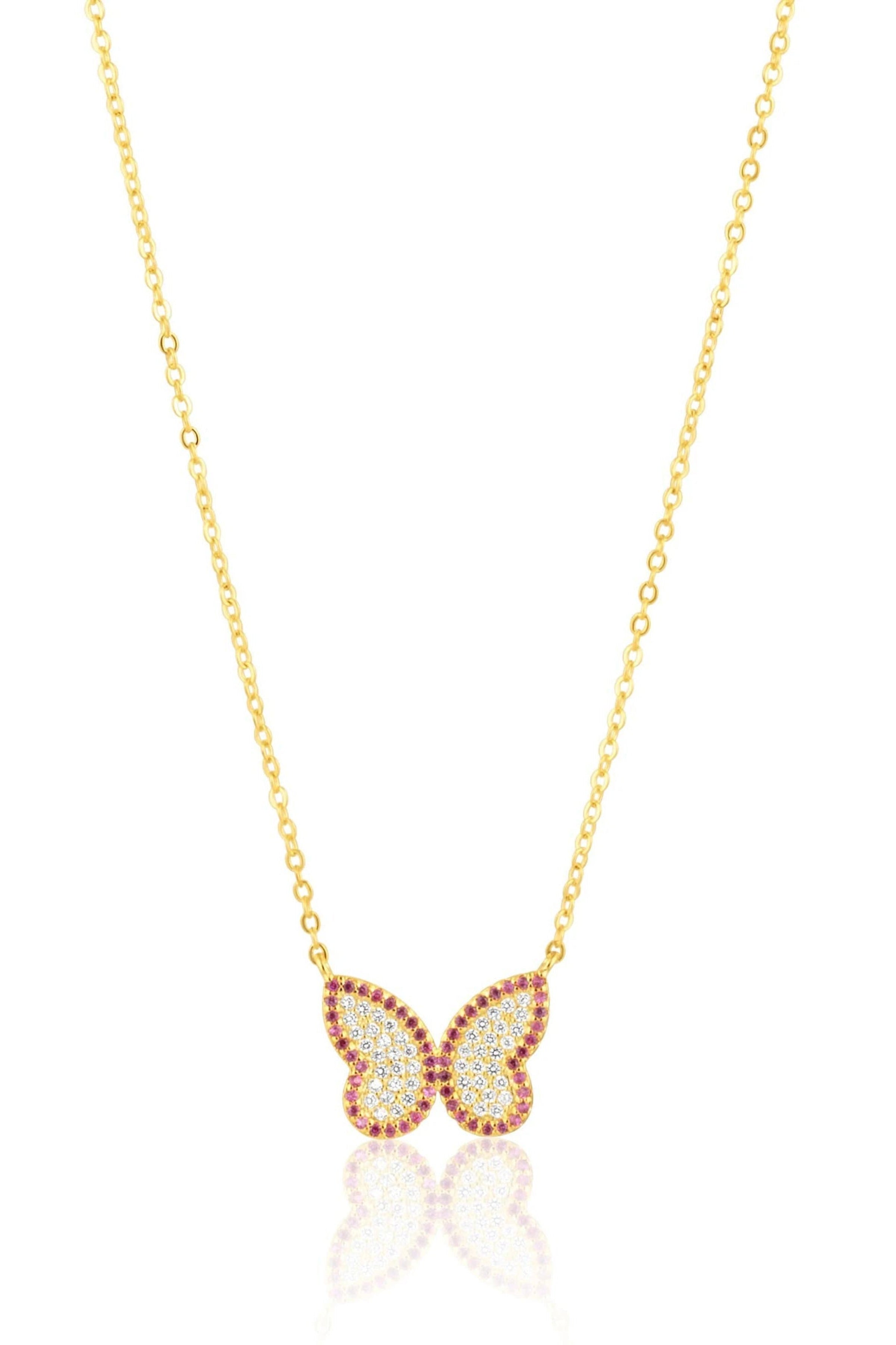 Brazilian Carnival Butterfly Necklace hanging on a white background, so much color