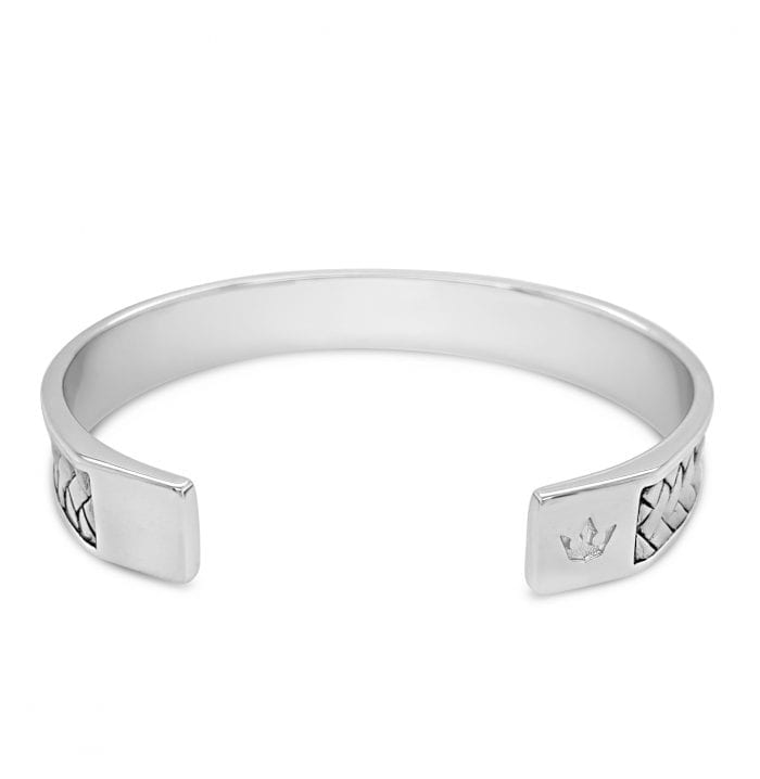 Broken Twill Weave Cuff Silver Bangle on a white background