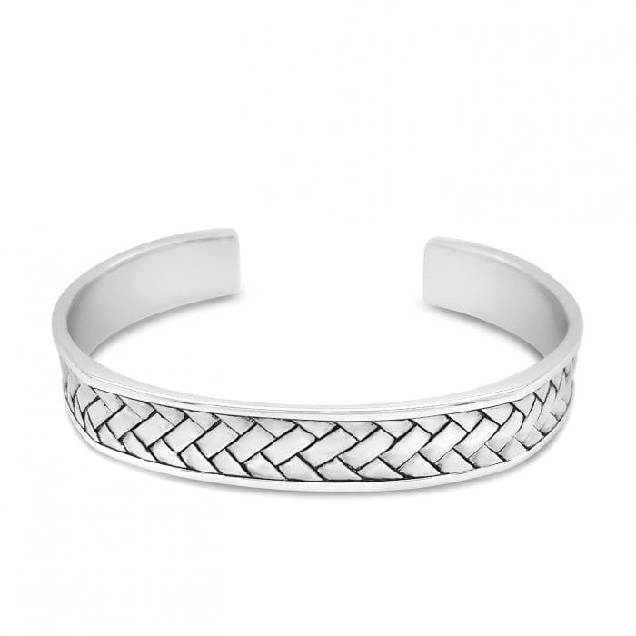 Broken Twill Weave Cuff Silver Bangle on a white background