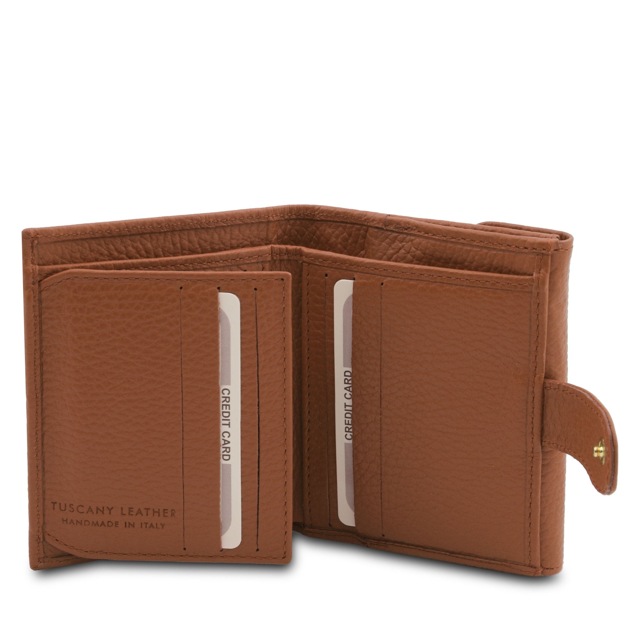 Interior 6 Card Slots and currency pocket View Calliope Exclusive 3 Fold Leather Wallet in cognac on a white background