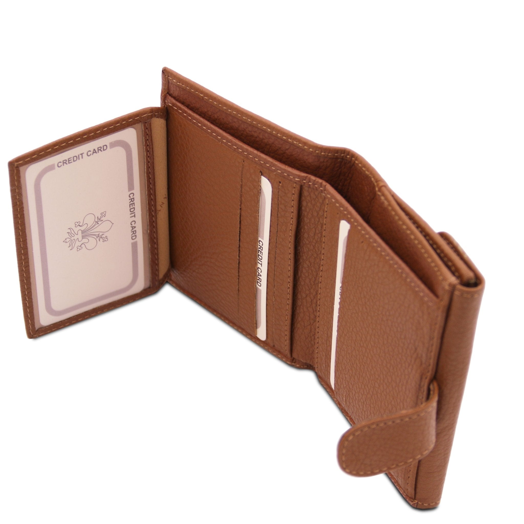 Interior 6 Card Slots, currency pocket View, clear ID pocket view Calliope Exclusive 3 Fold Leather Wallet in cognac