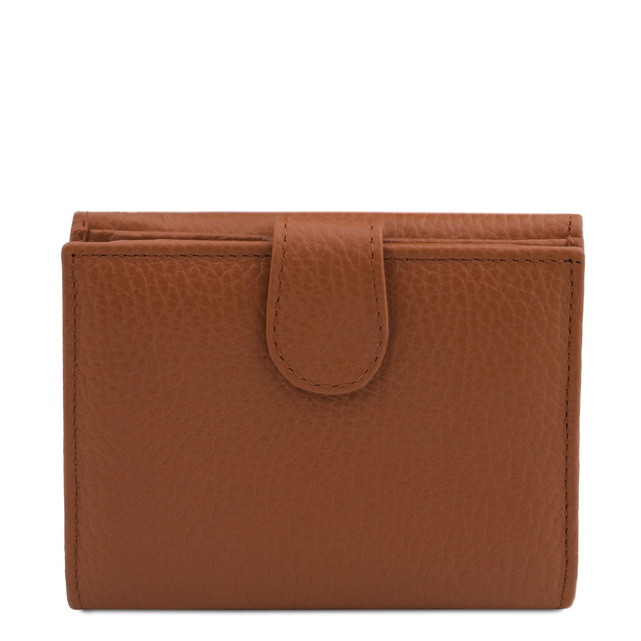 Rear View snap button closure Calliope Exclusive 3 Fold Leather Wallet in cognac on a white background
