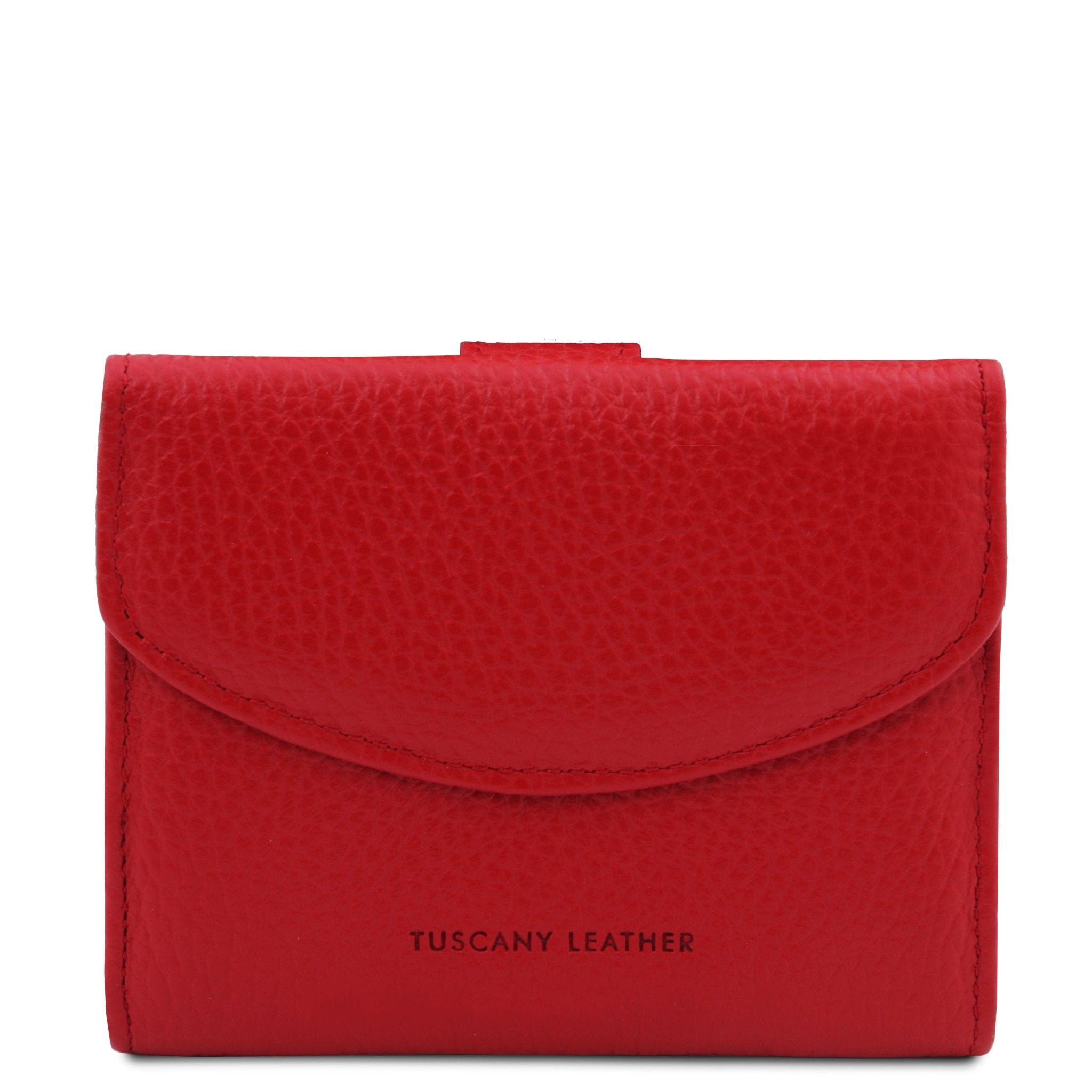 Front View Calliope Exclusive 3 Fold Leather Wallet in red on a white background