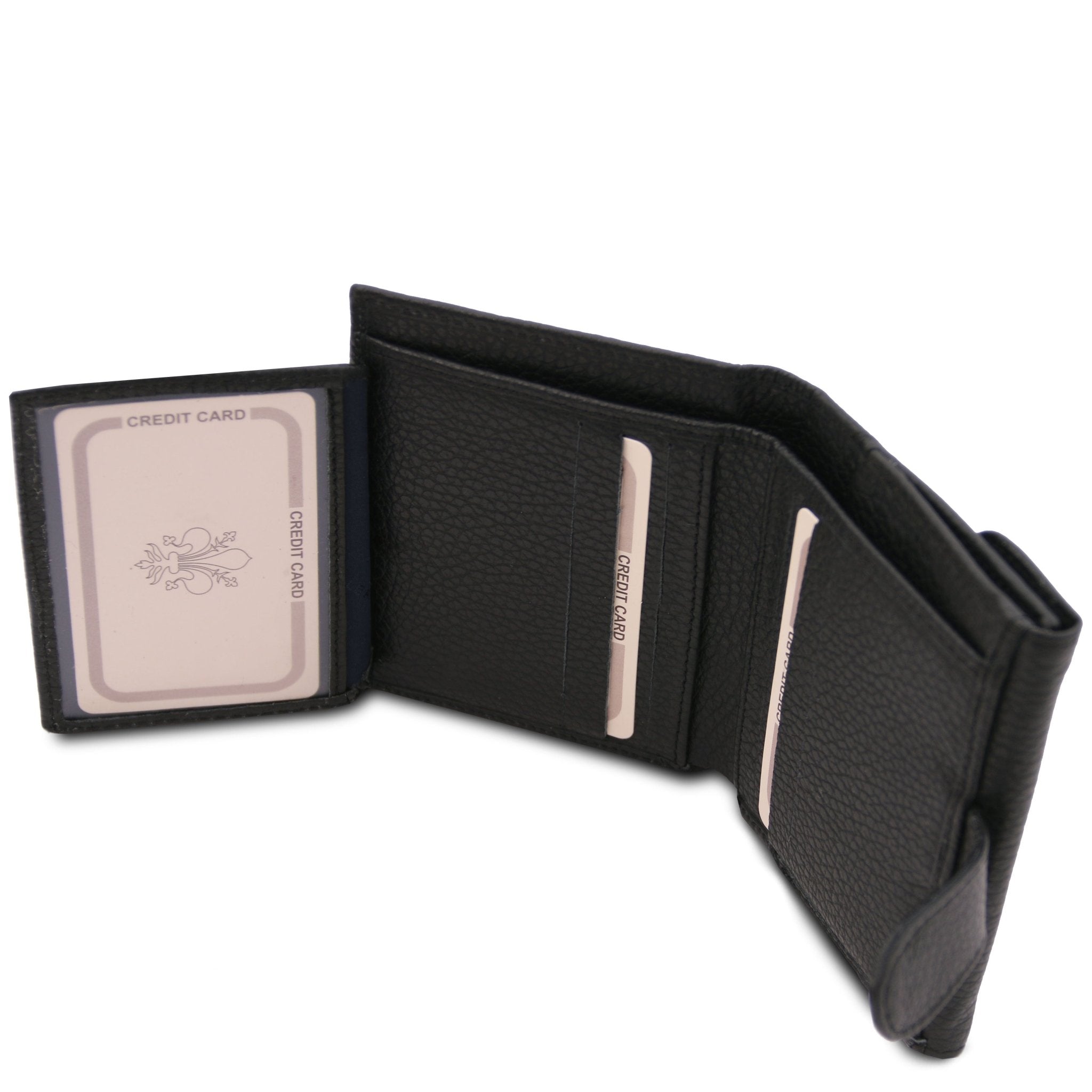 Interior 6 Card Slots, currency pocket View, clear ID pocket view Calliope Exclusive 3 Fold Leather Wallet in black