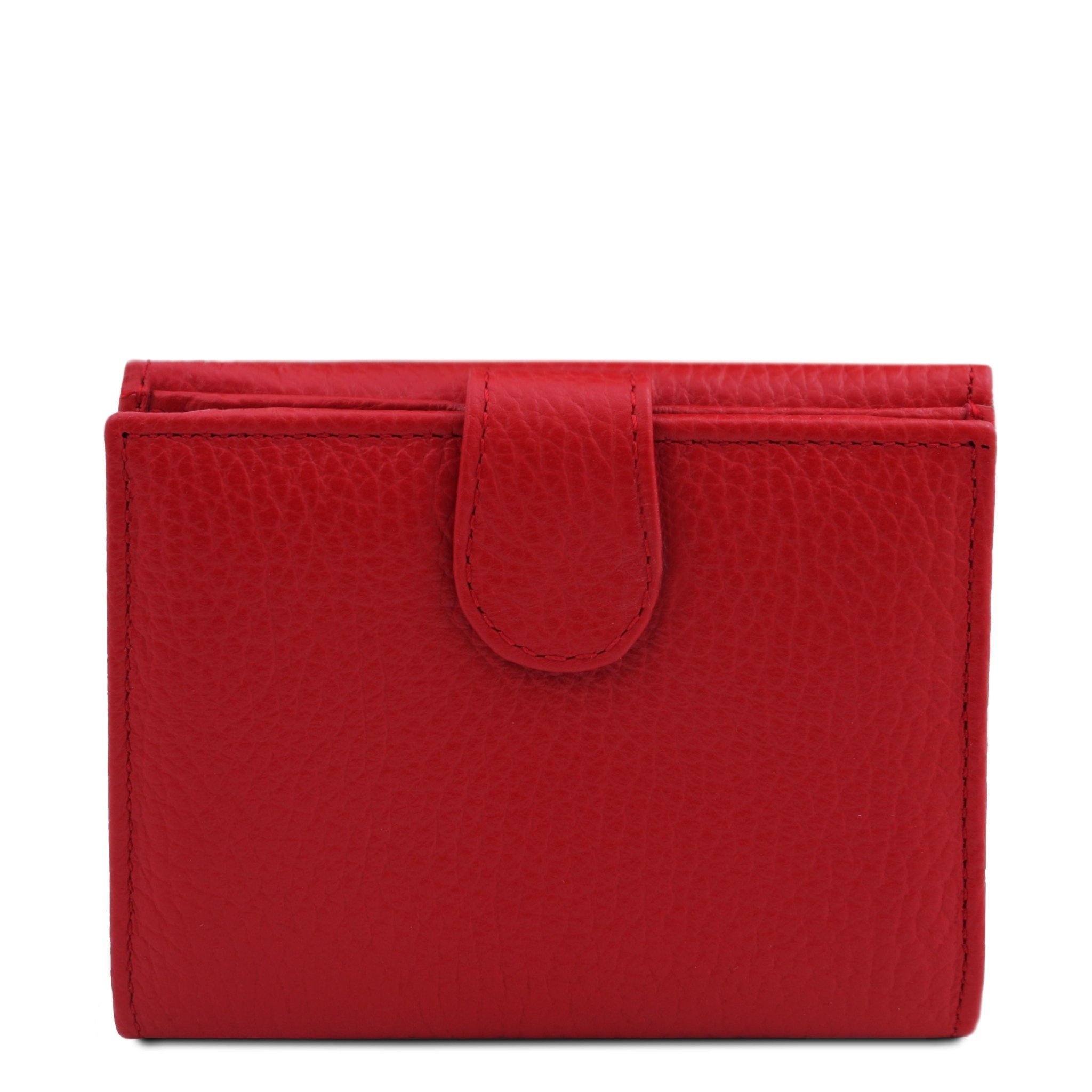 Rear View snap button closure Calliope Exclusive 3 Fold Leather Wallet in red on a white background
