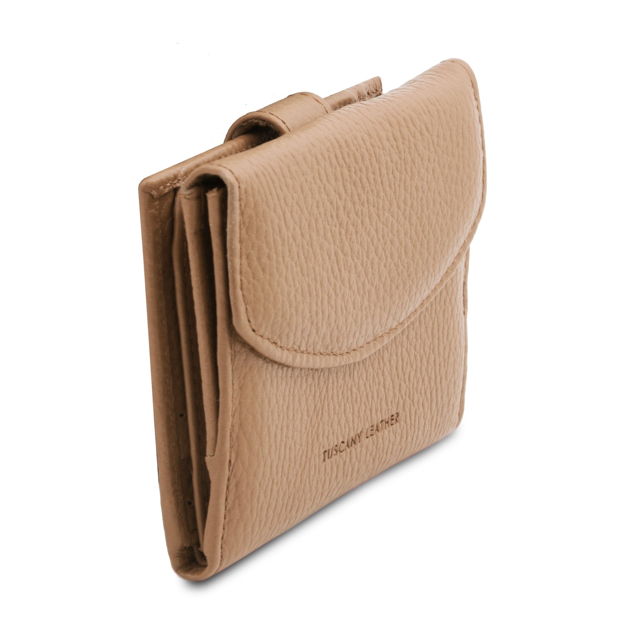 Front Side View Calliope Exclusive 3 Fold Leather Wallet in champagne on a white background