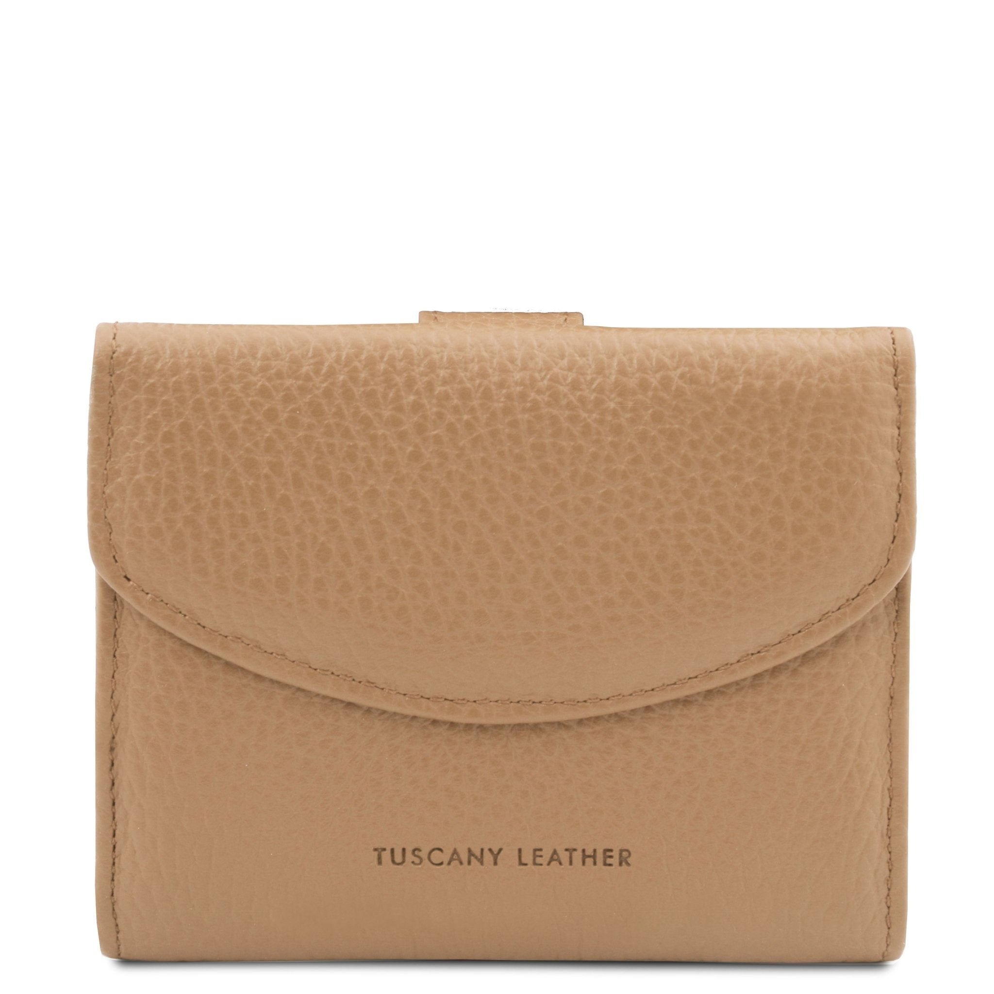 Front View Calliope Exclusive 3 Fold Leather Wallet in champagne on a white background