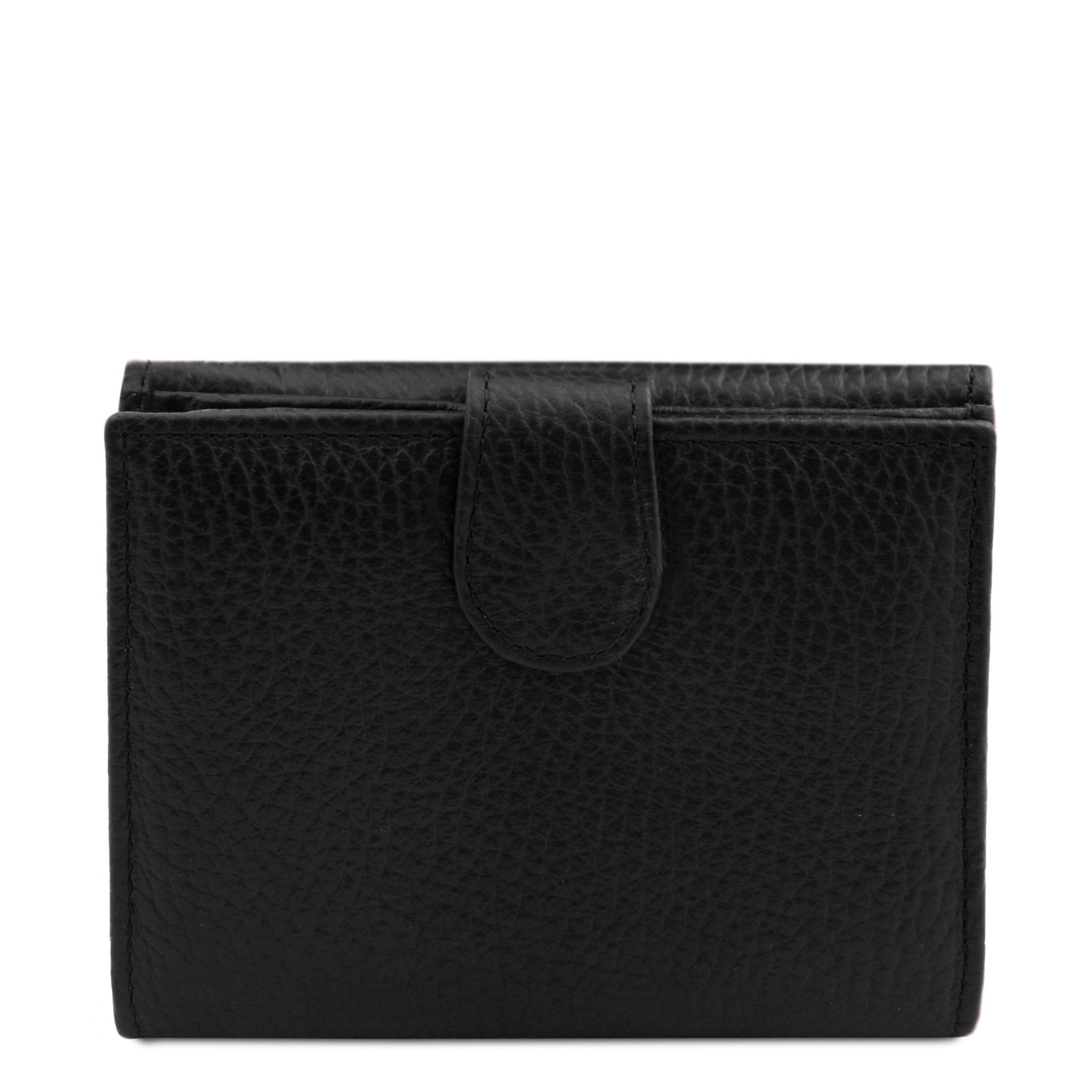 Rear View snap button closure Calliope Exclusive 3 Fold Leather Wallet in black on a white background