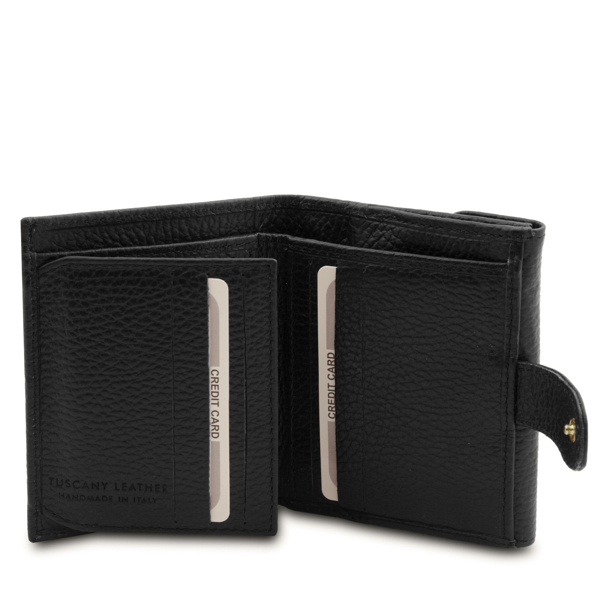 Interior 6 Card Slots and currency pocket View Calliope Exclusive 3 Fold Leather Wallet in black on a white background