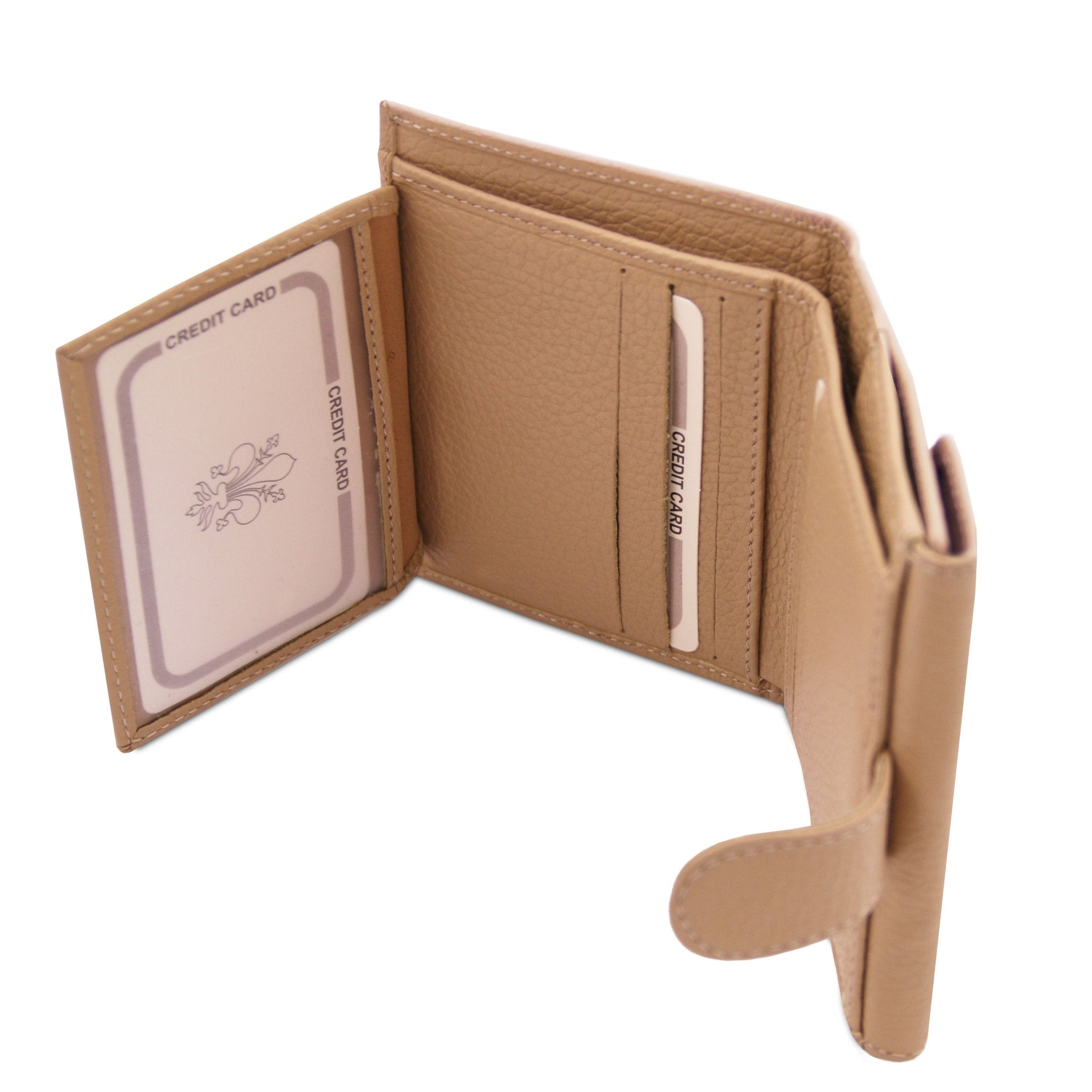 Interior 6 Card Slots, currency pocket View, clear ID pocket view Calliope Exclusive 3 Fold Leather Wallet in champagne