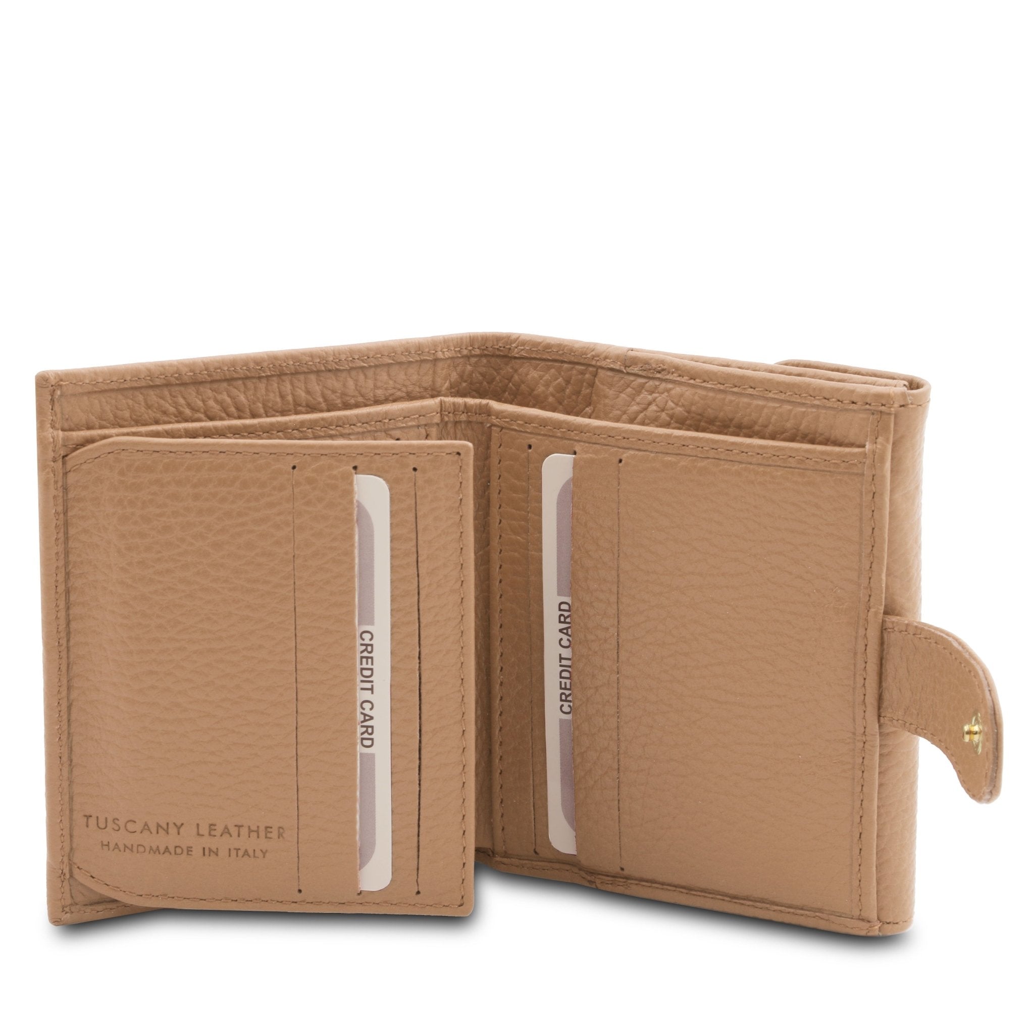 Interior 6 Card Slots and currency pocket View Calliope Exclusive 3 Fold Leather Wallet in champagne on a white background