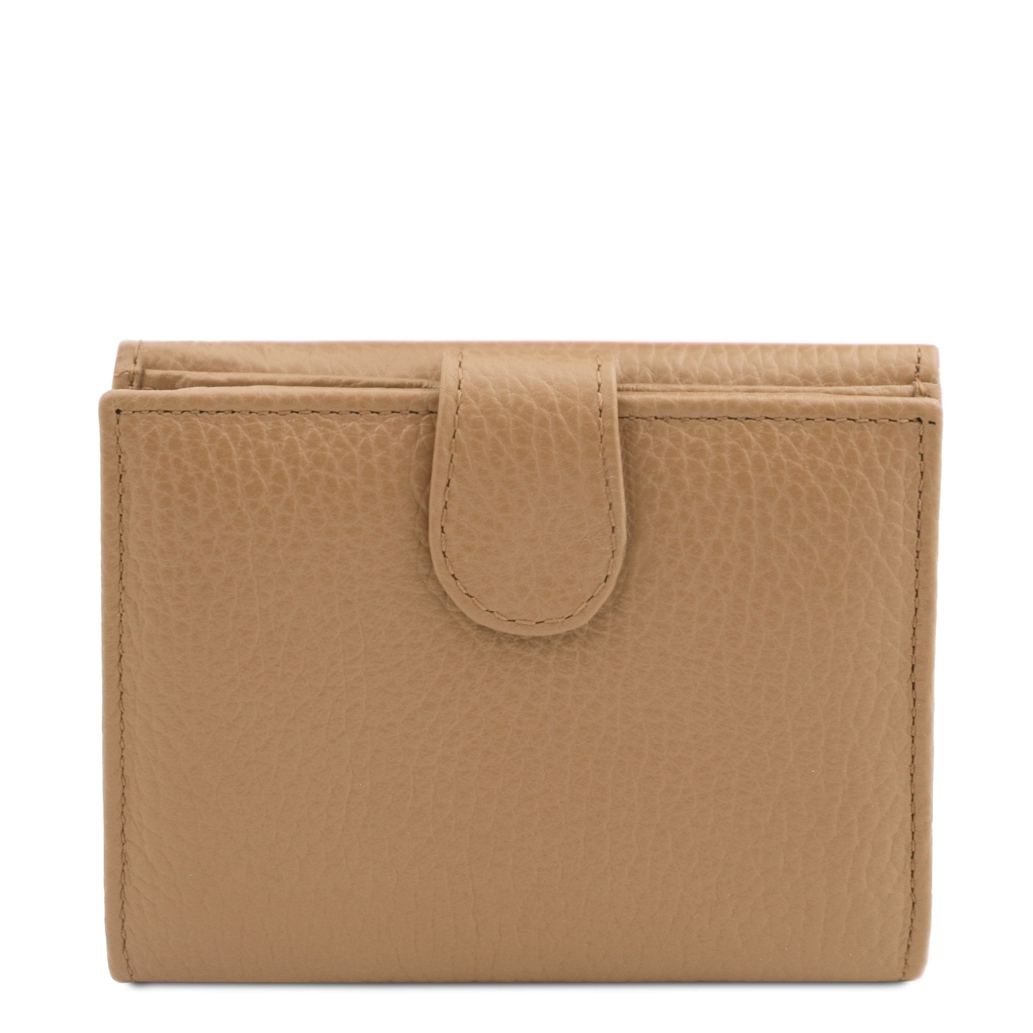 Rear View snap button closure Calliope Exclusive 3 Fold Leather Wallet in champagne on a white background