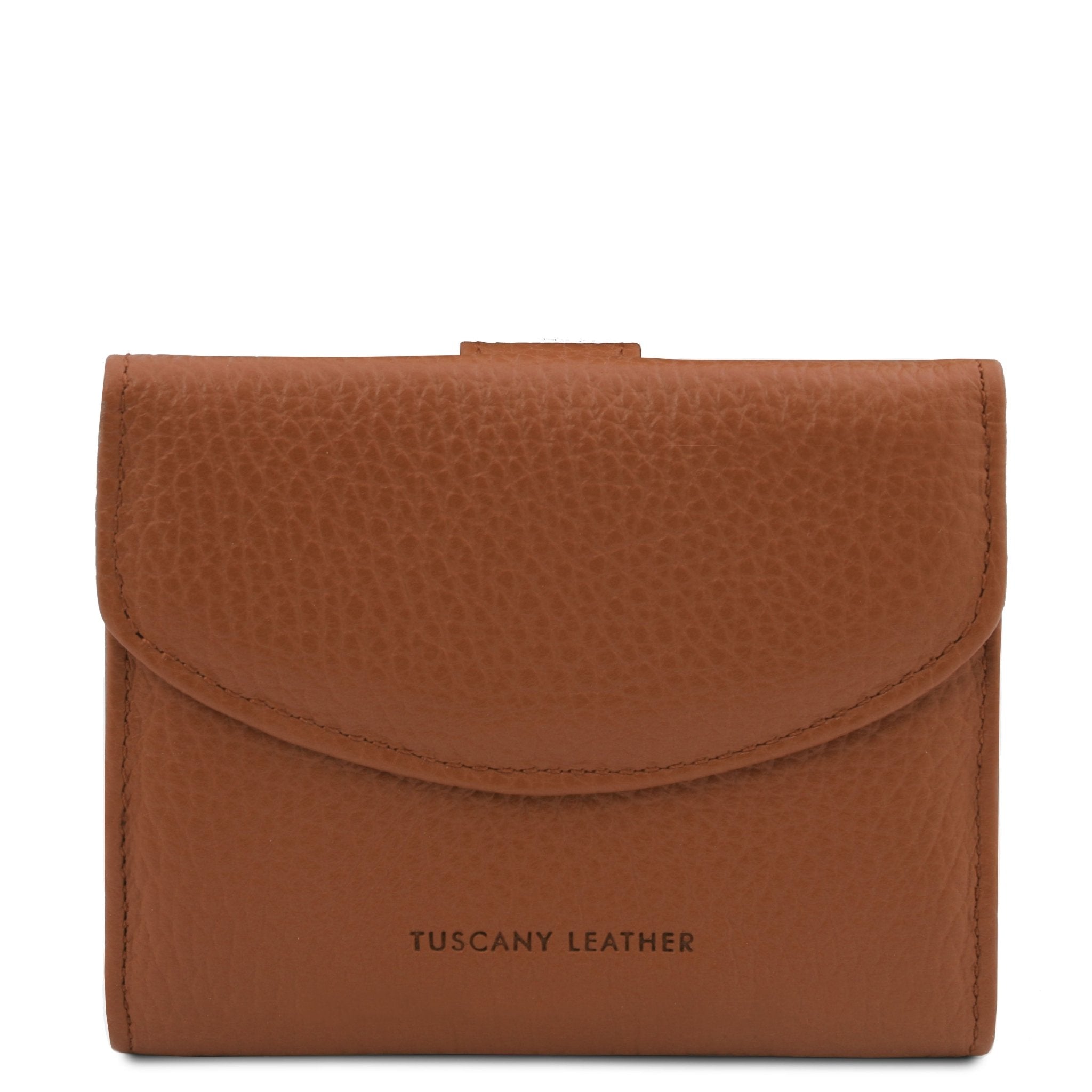 Front View Calliope Exclusive 3 Fold Leather Wallet in cognac on a white background