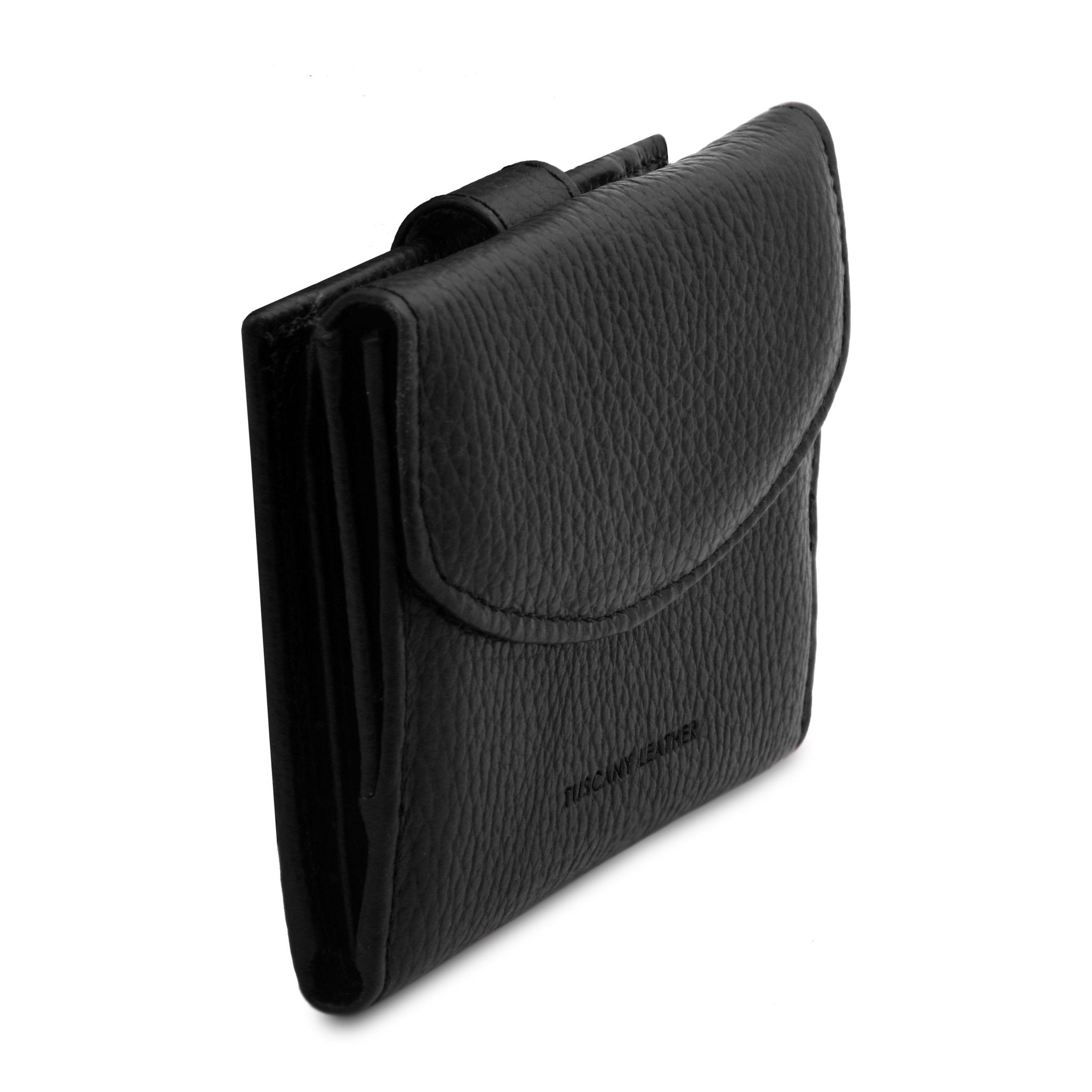 Front Side View Calliope Exclusive 3 Fold Leather Wallet in black on a white background