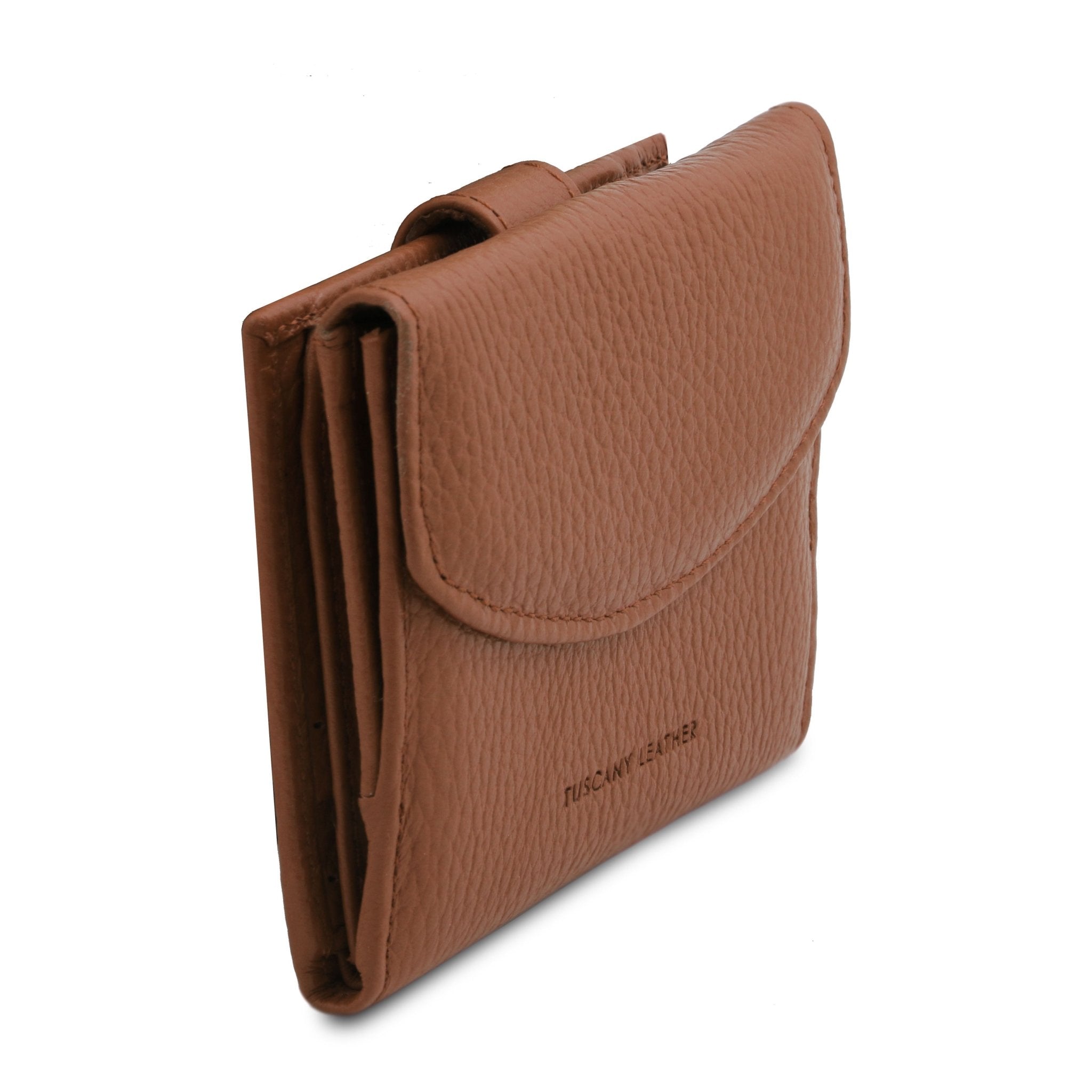 Front Side View Calliope Exclusive 3 Fold Leather Wallet in cognac on a white background