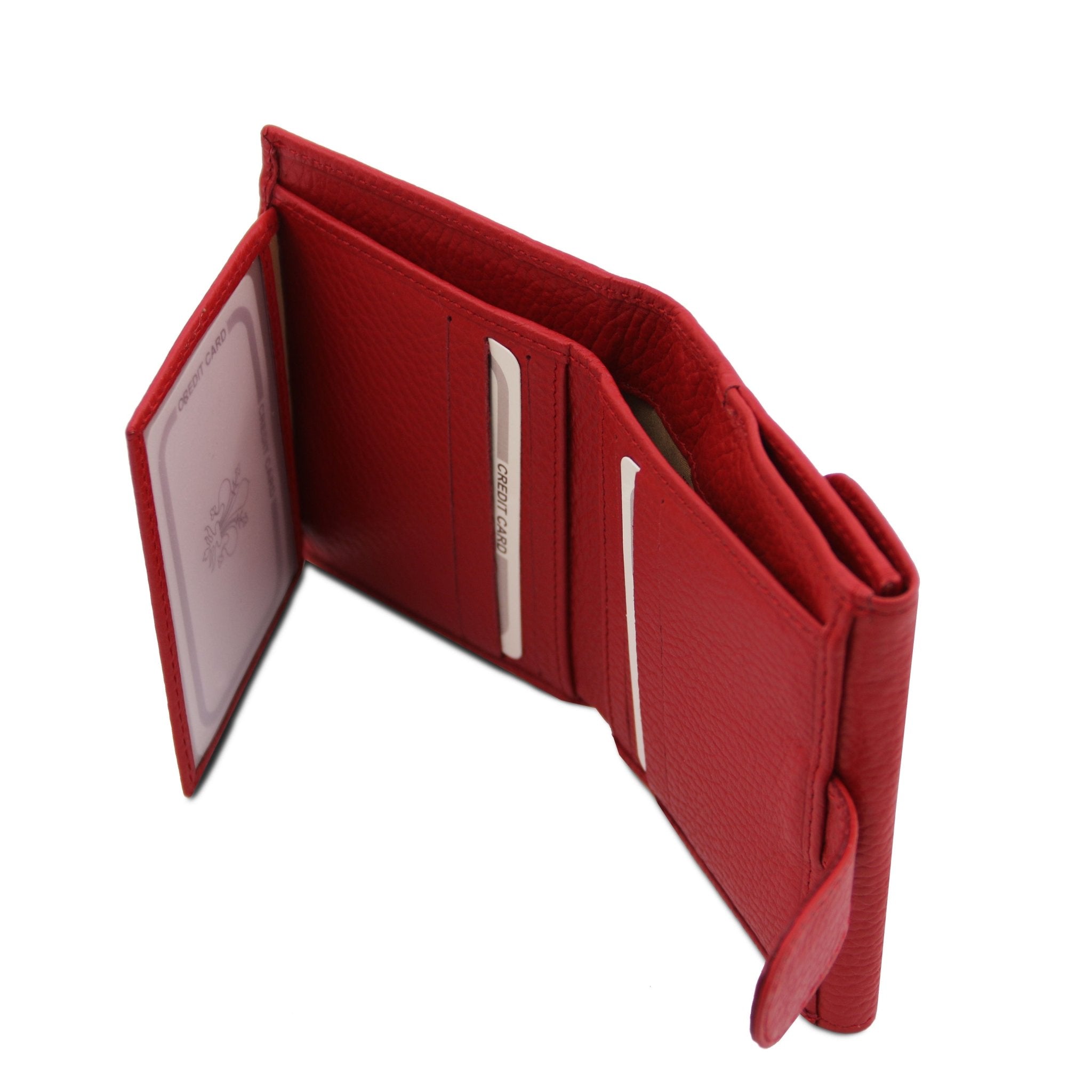 Interior 6 Card Slots, currency pocket View, clear ID pocket view Calliope Exclusive 3 Fold Leather Wallet in red