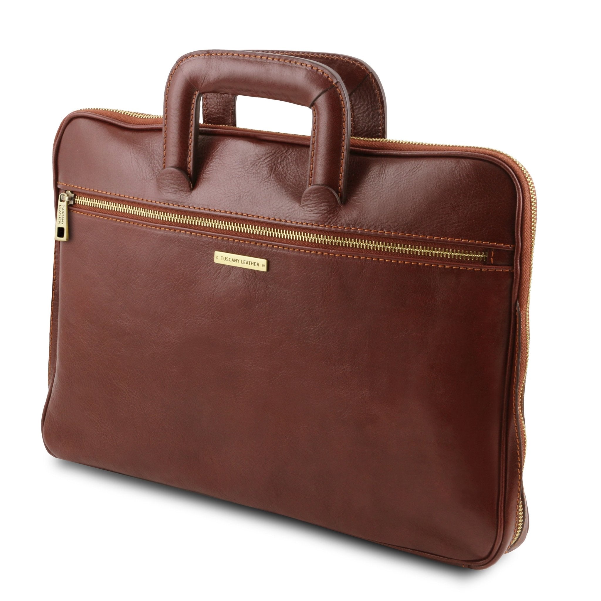 Front side view Caserta Document Leather Briefcase in brown showing front zippered pocket and handle