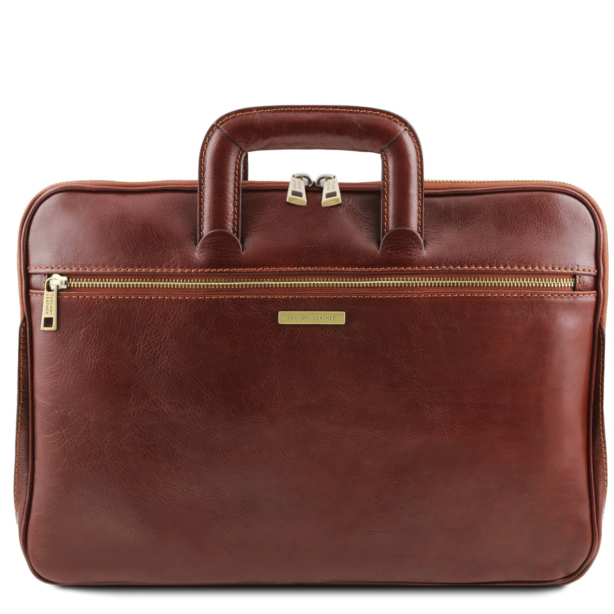 Front view Caserta Document Leather Briefcase in brown showing front zippered pocket and handle