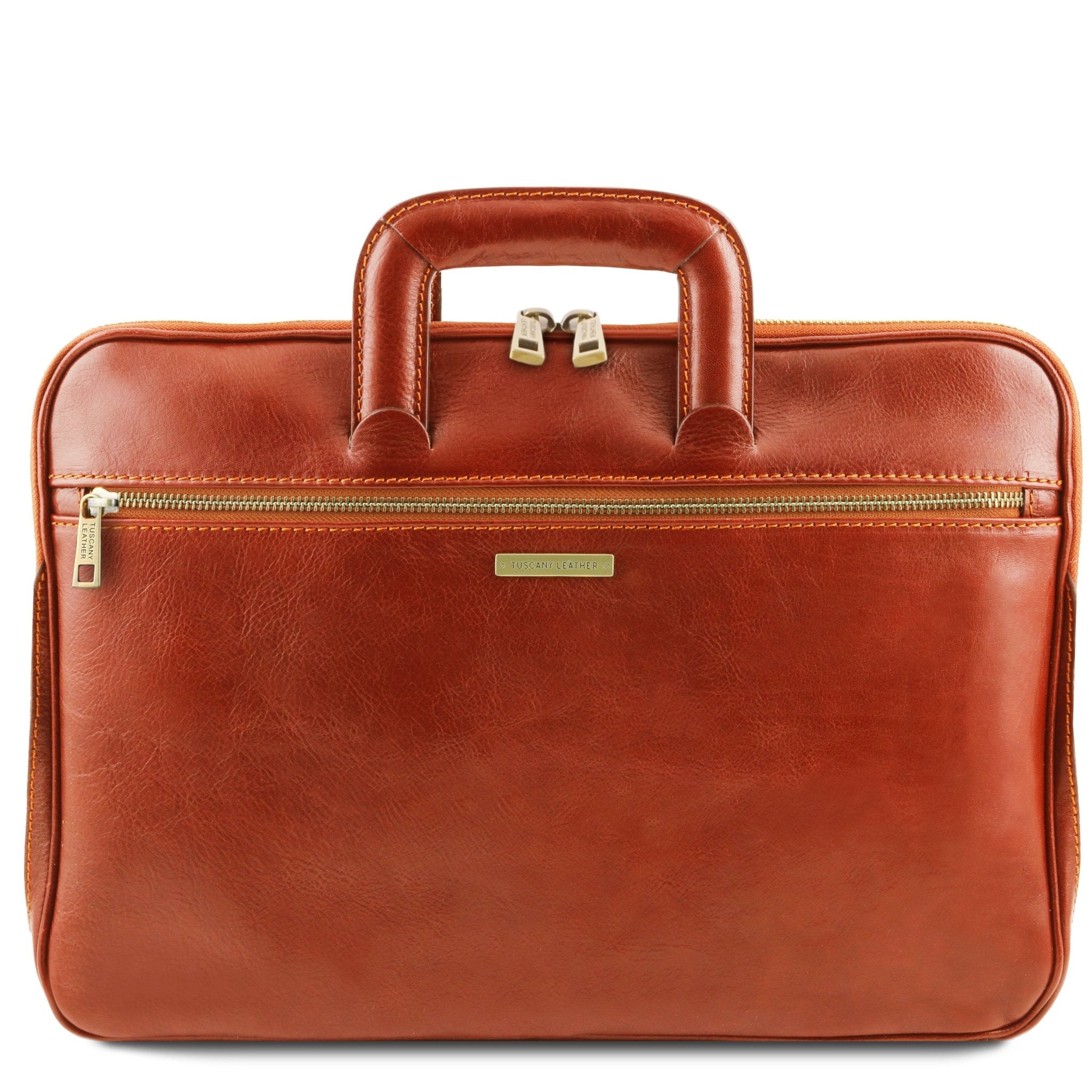 Front view Caserta Document Leather Briefcase in honey showing front zippered pocket and handle