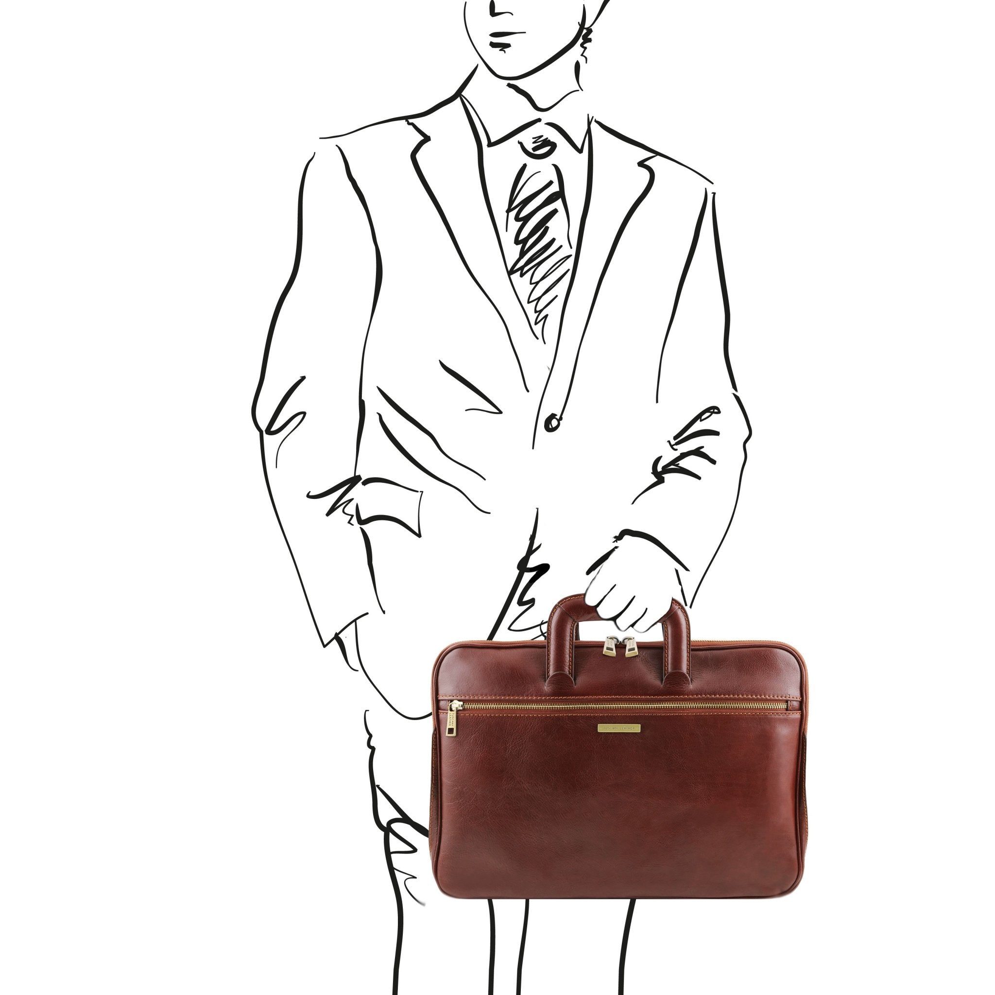 Black and white sketch of man holding the Caserta Document Leather Briefcase in brown