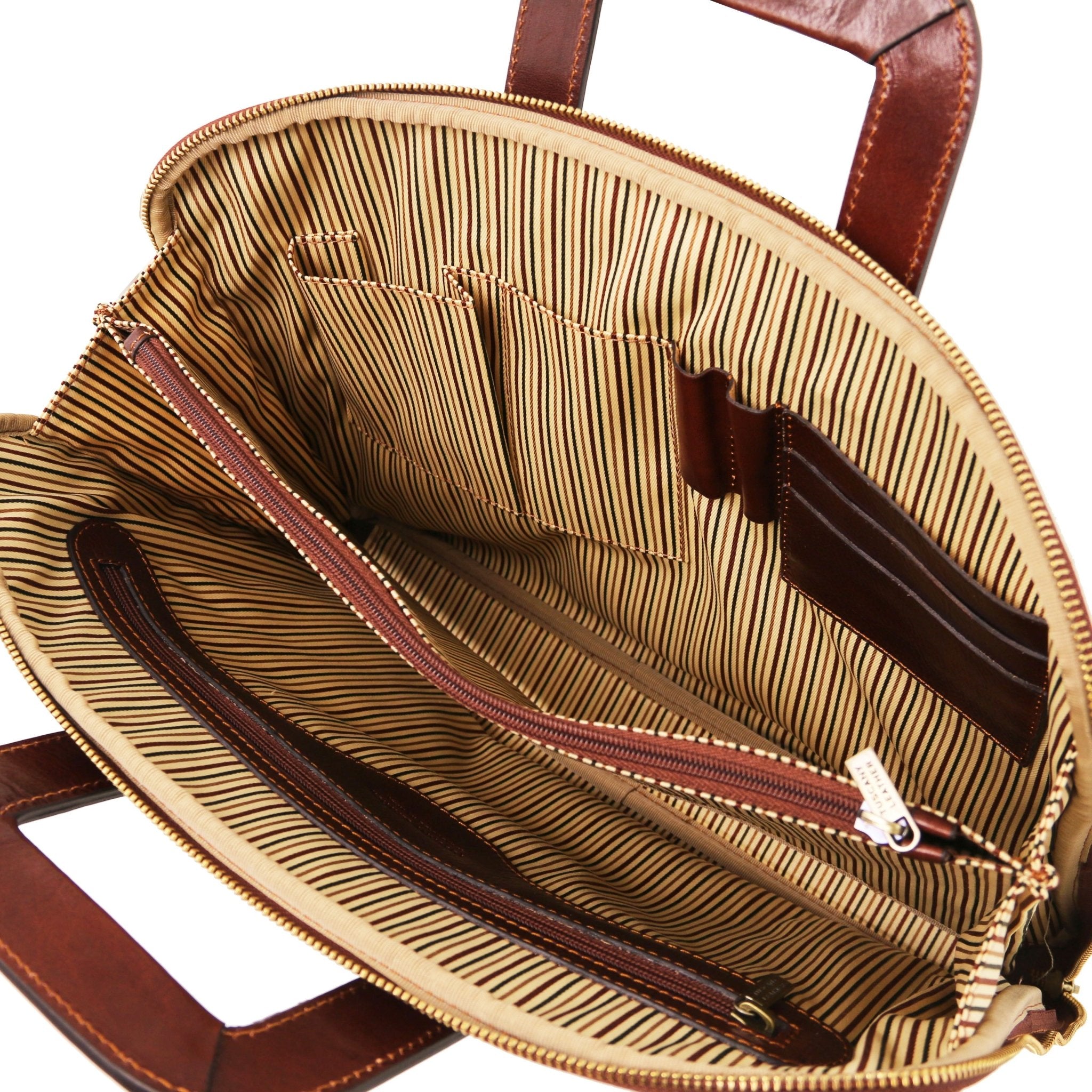 Interior view Caserta Document Leather Briefcase in brown showing center zippered compartment, cotton striped lining, and interior pockets
