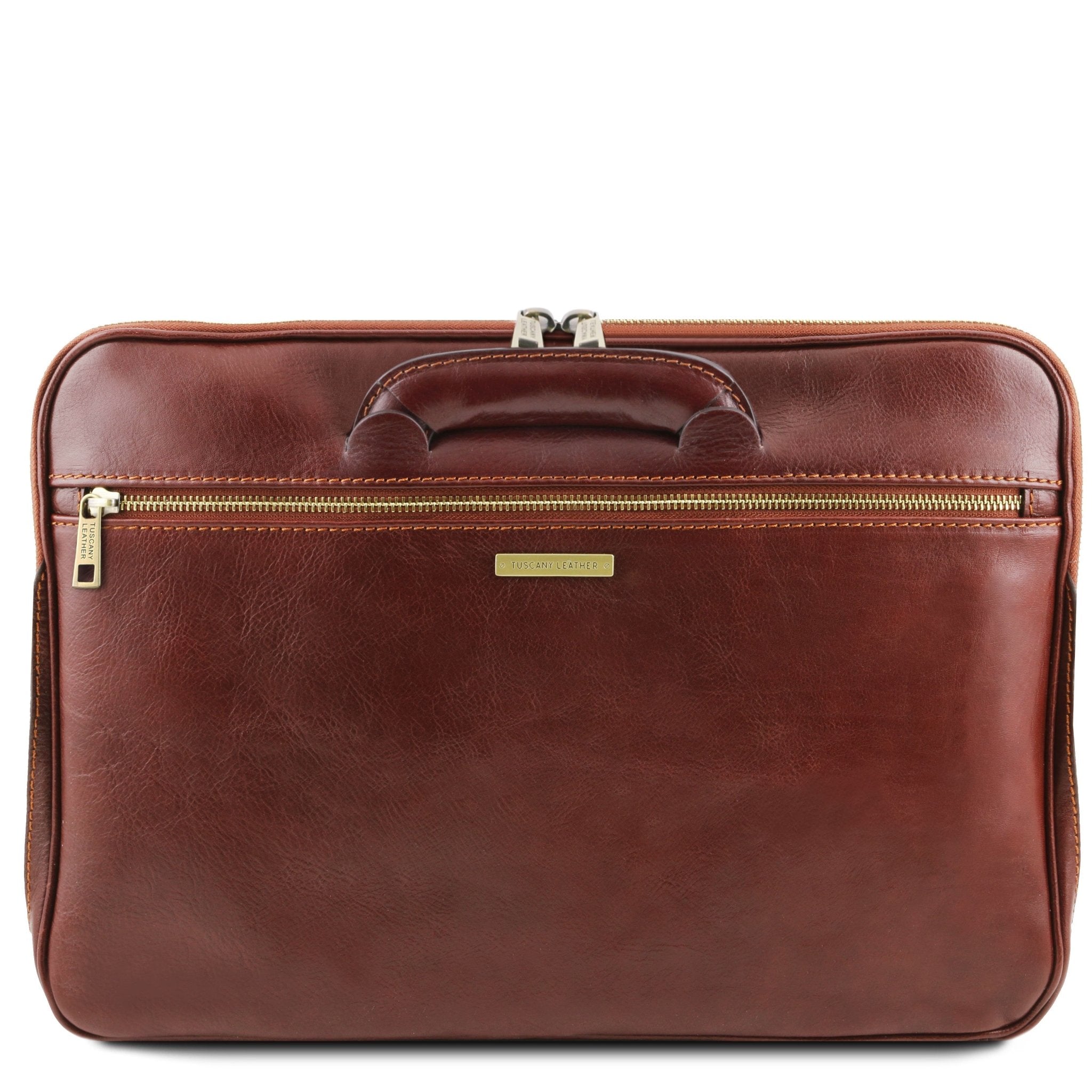 Front view Caserta Document Leather Briefcase in brown showing back zippered pocket and handle in lowered position