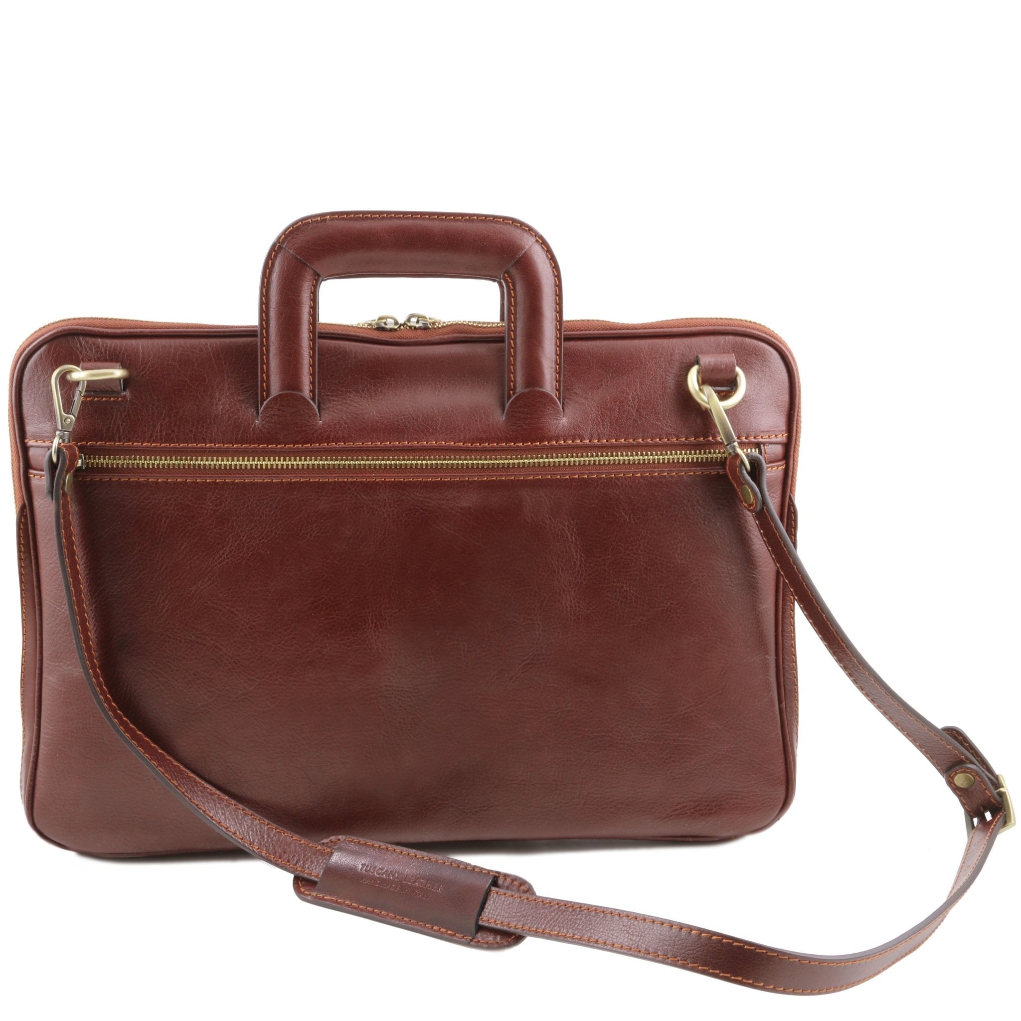 Back view Caserta Document Leather Briefcase in brown showing front zippered pocket, handle and adjustable, detachable shoulder strap