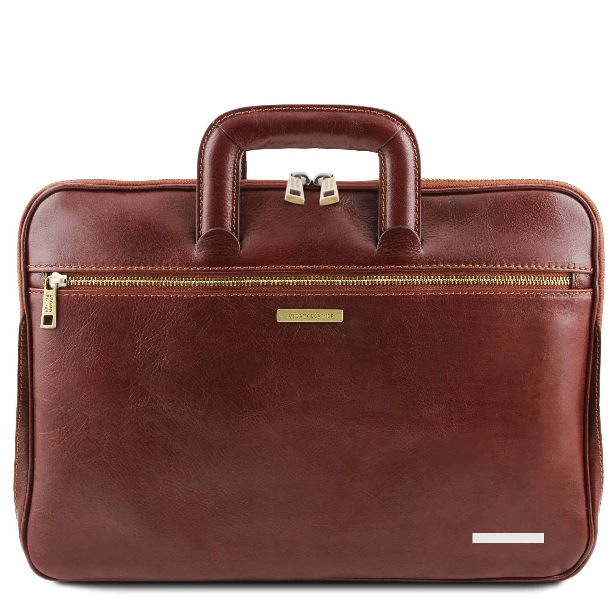 Front view Caserta Document Leather Briefcase in brown showing front zippered pocket and handle
