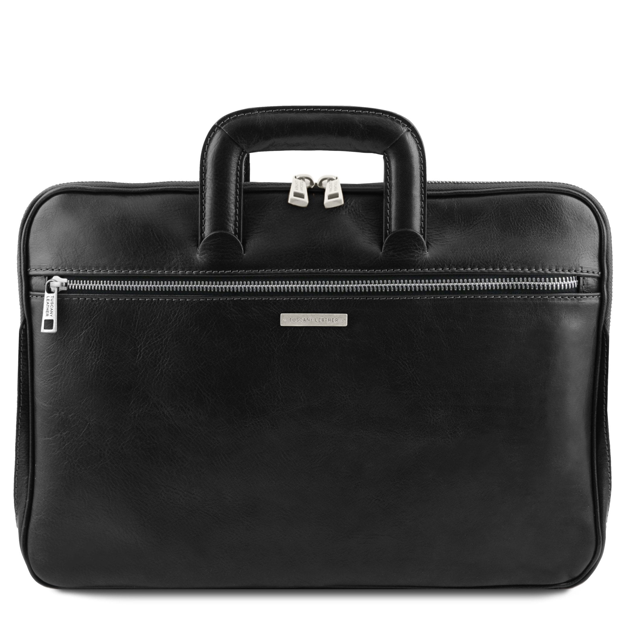 Front view Caserta Document Leather Briefcase in black showing front zippered pocket and handle