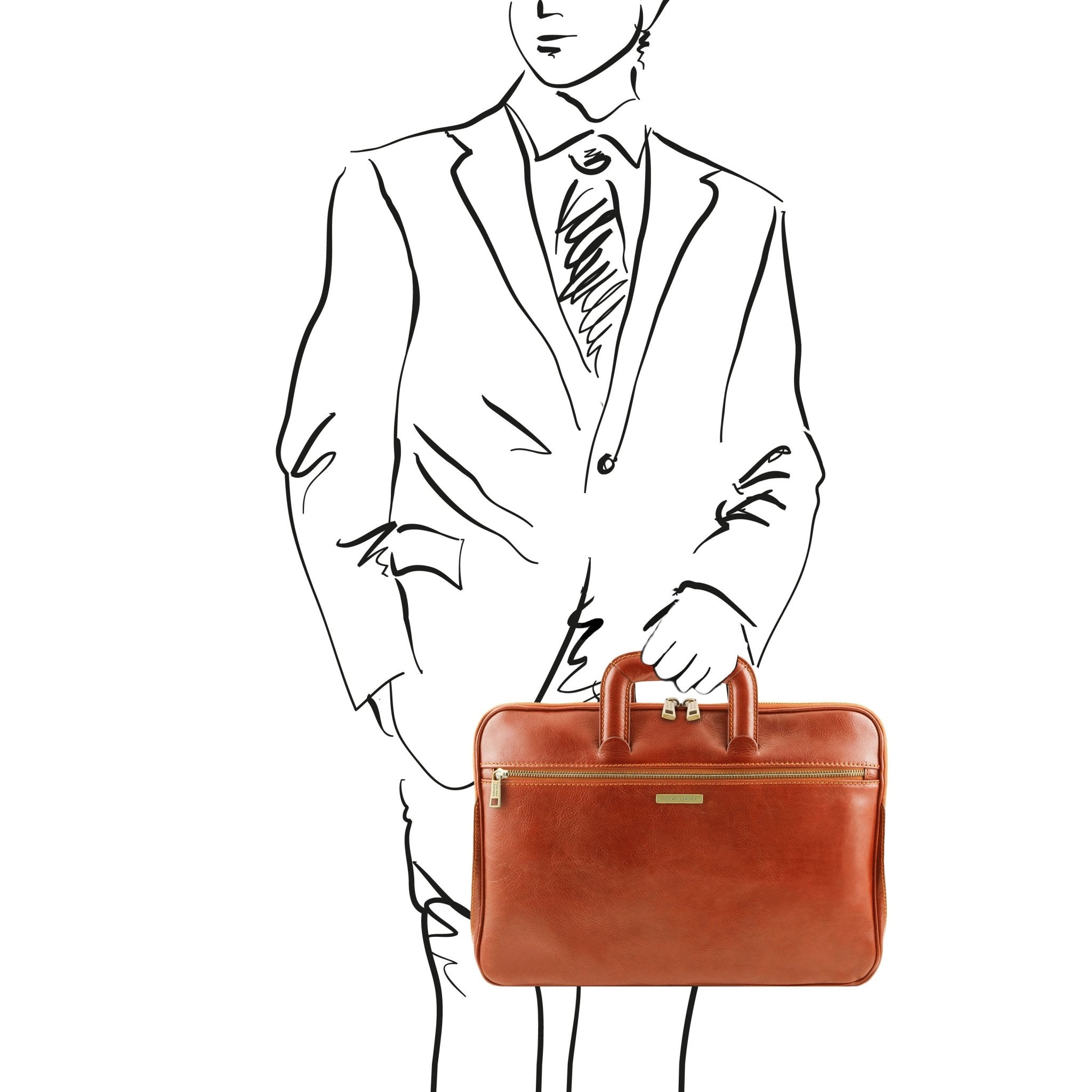 Black and white sketch of man holding the Caserta Document Leather Briefcase in honey