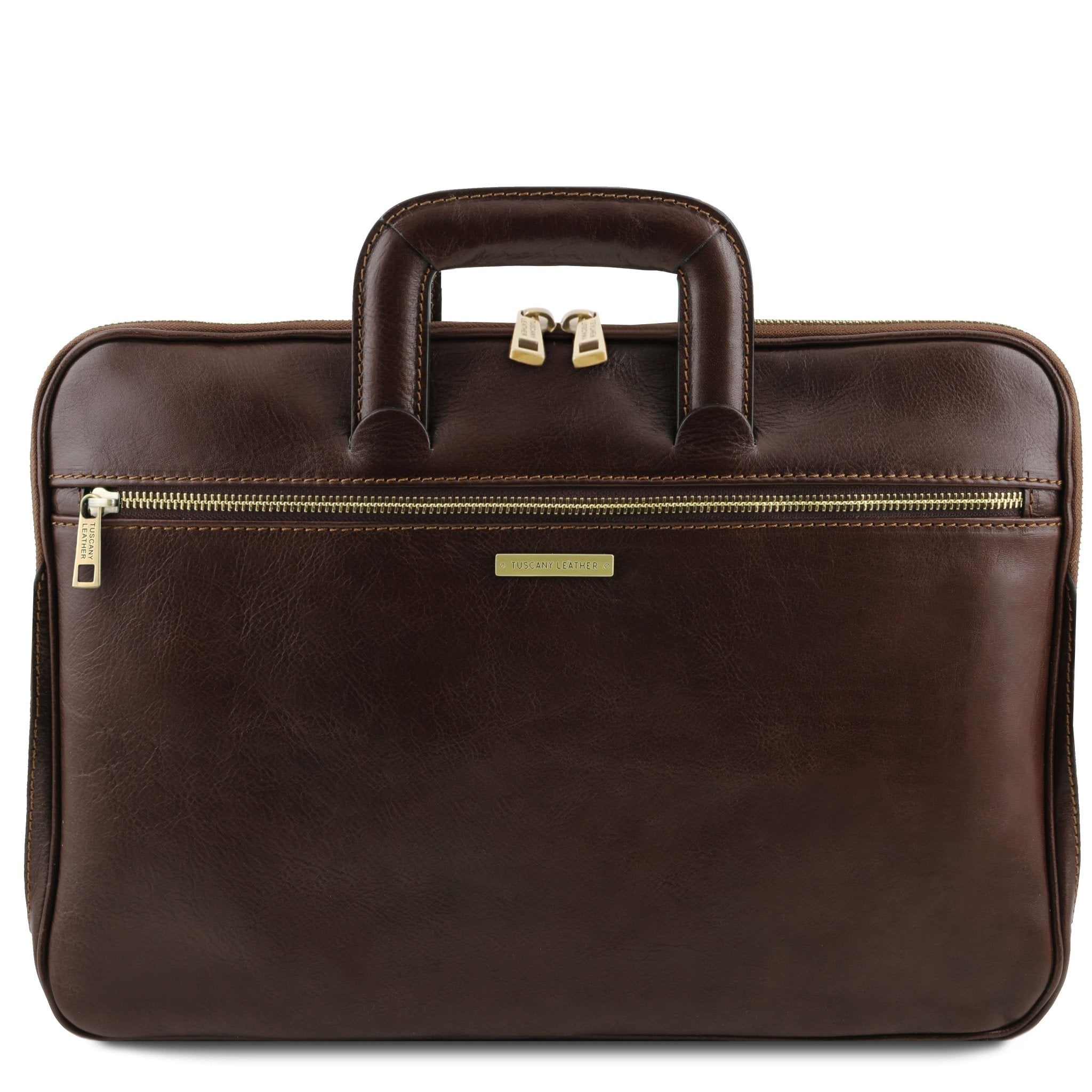 Front view Caserta Document Leather Briefcase in dark brown showing front zippered pocket and handle