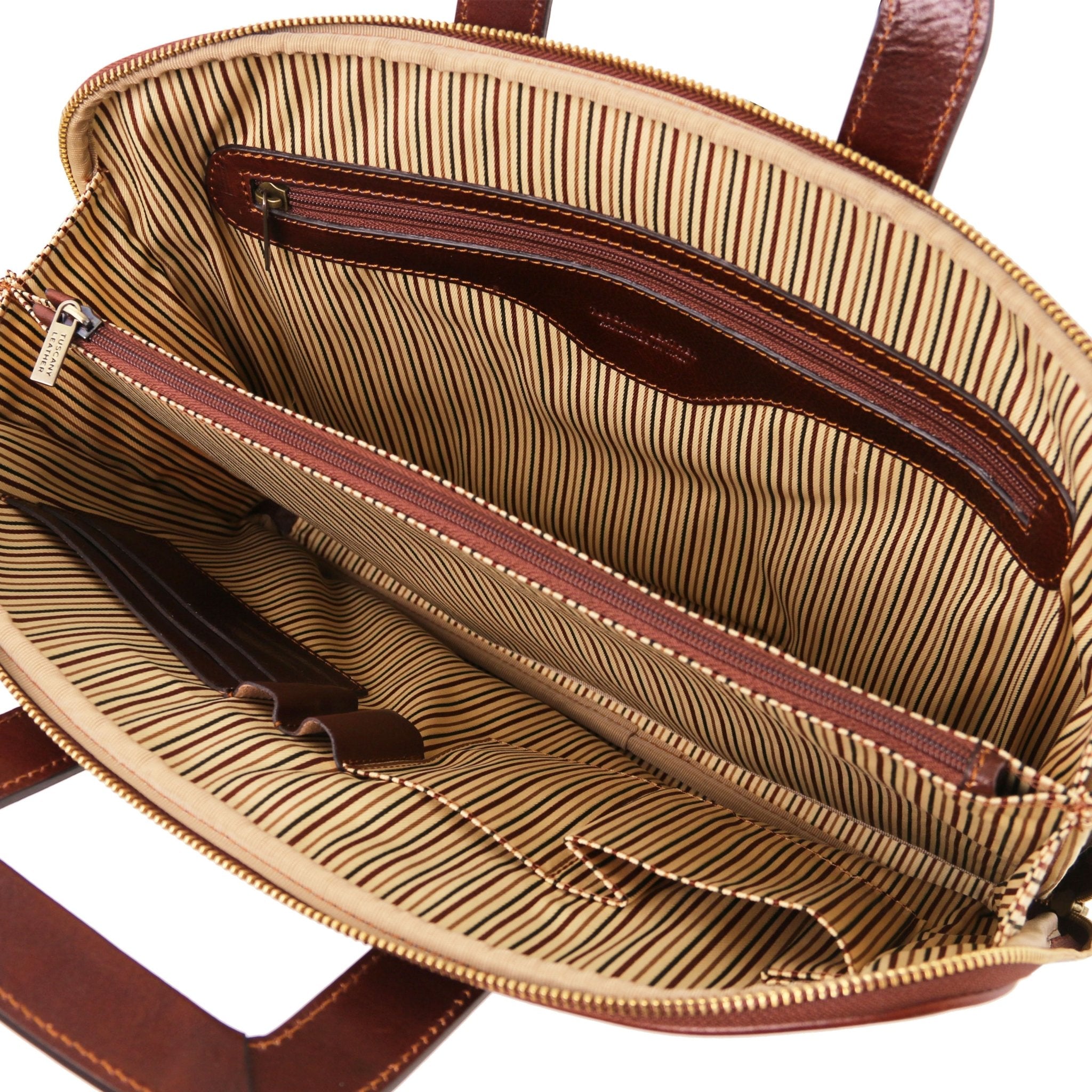 Interior view Caserta Document Leather Briefcase in brown showing center zippered compartment, cotton striped lining, and interior pockets