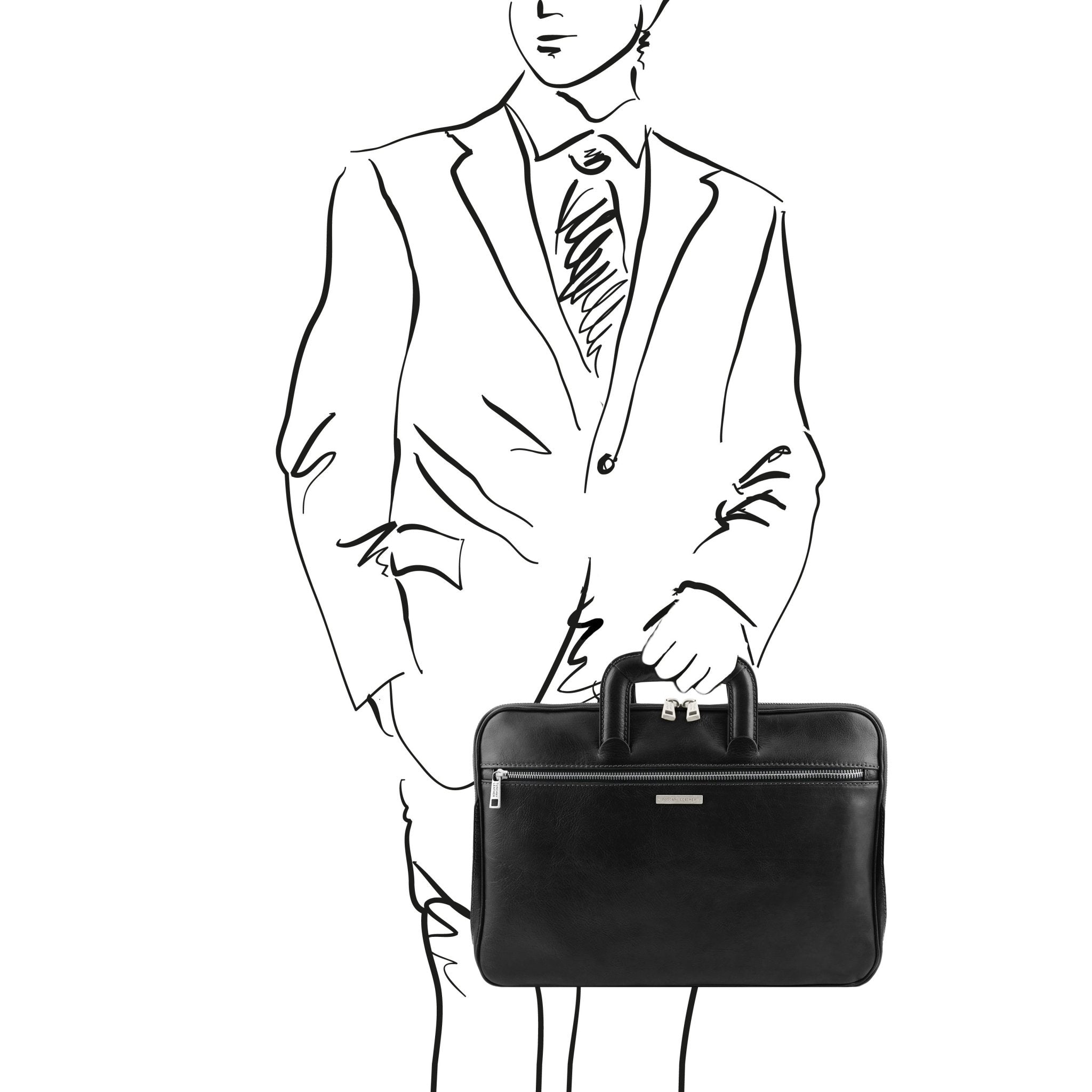 Black and white sketch of man holding the Caserta Document Leather Briefcase in black