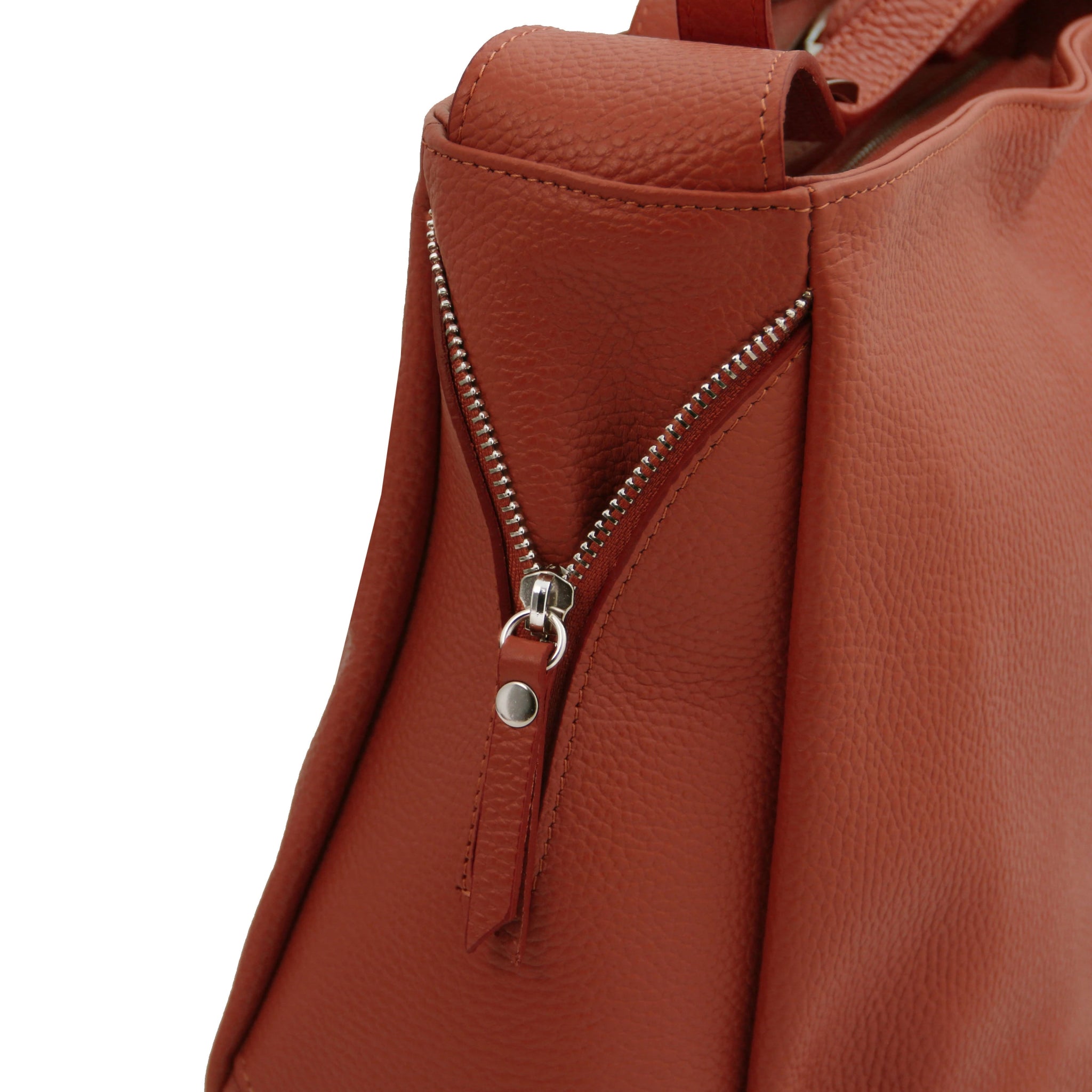 Decorative side zip view Charlotte Soft Italian Leather Shoulder bag in terracotta