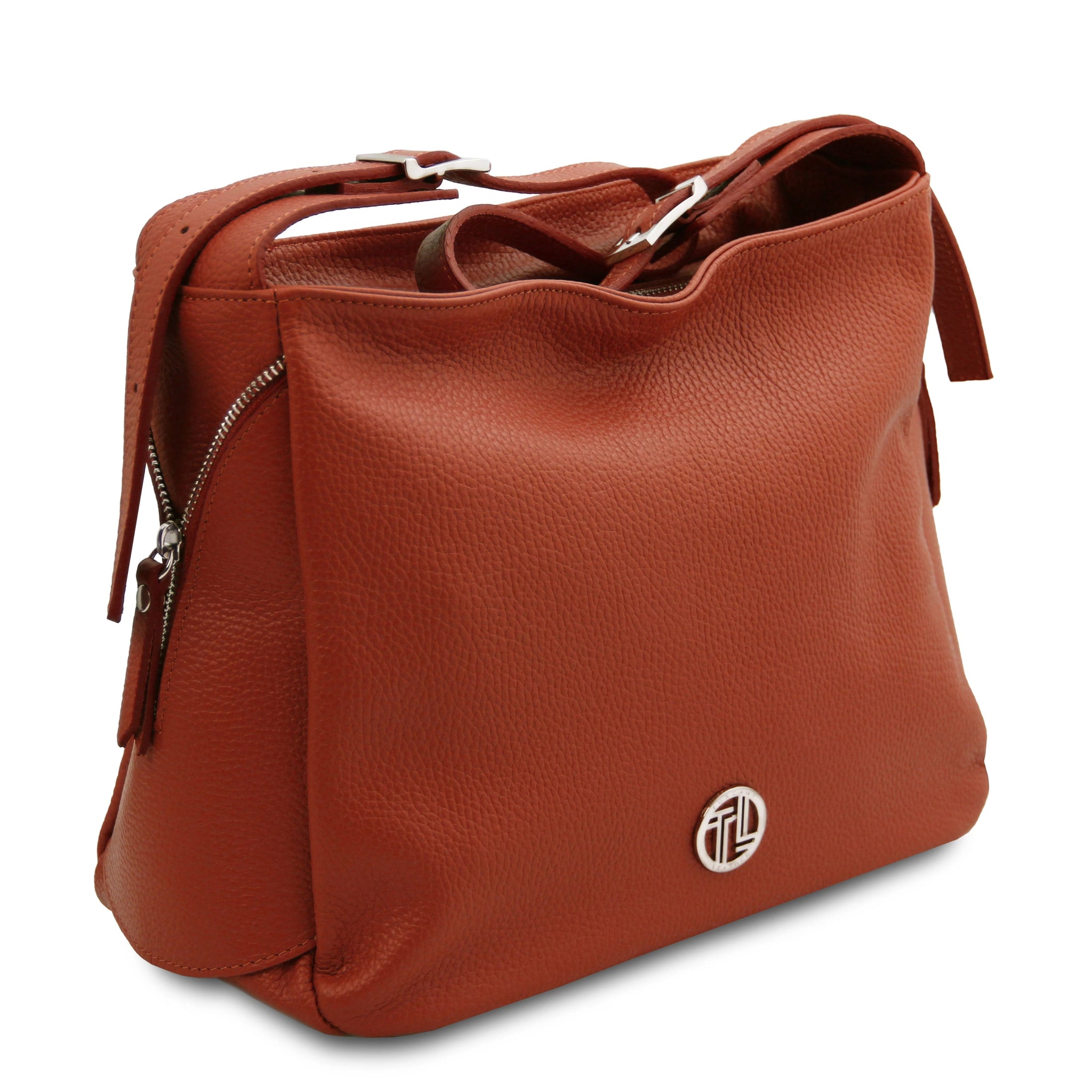 Front side angled view Charlotte Soft Italian Leather Shoulder bag in terracotta